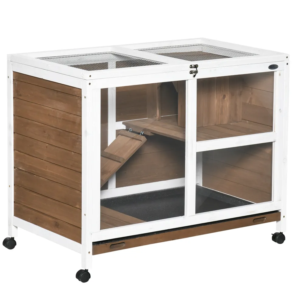 pawhut-cage-mobile-en-bois-2-tages-pour-petit-animal-avec-toit-ouvrant-marron image 1