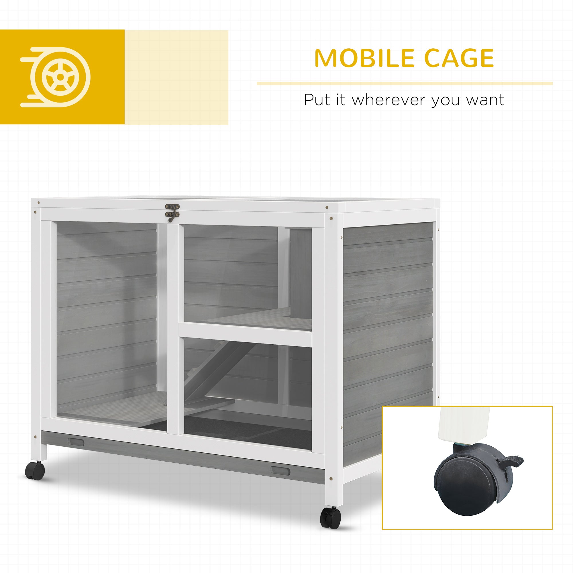 pawhut-cage-2-tages-en-bois-roulettes-pour-petits-animaux-gris image 8