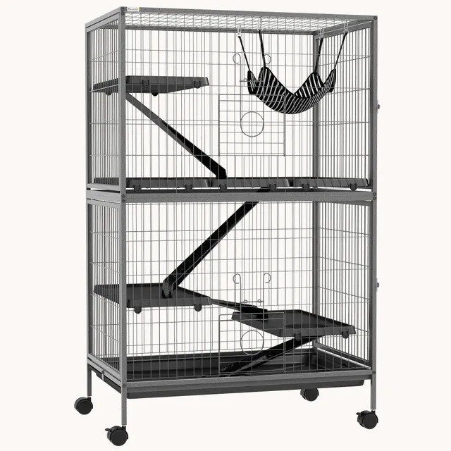 pawhut-cage-5-tages-127-cm-pour-petits-animaux-avec-hamac-et-6-portes-gris-fonc image 1