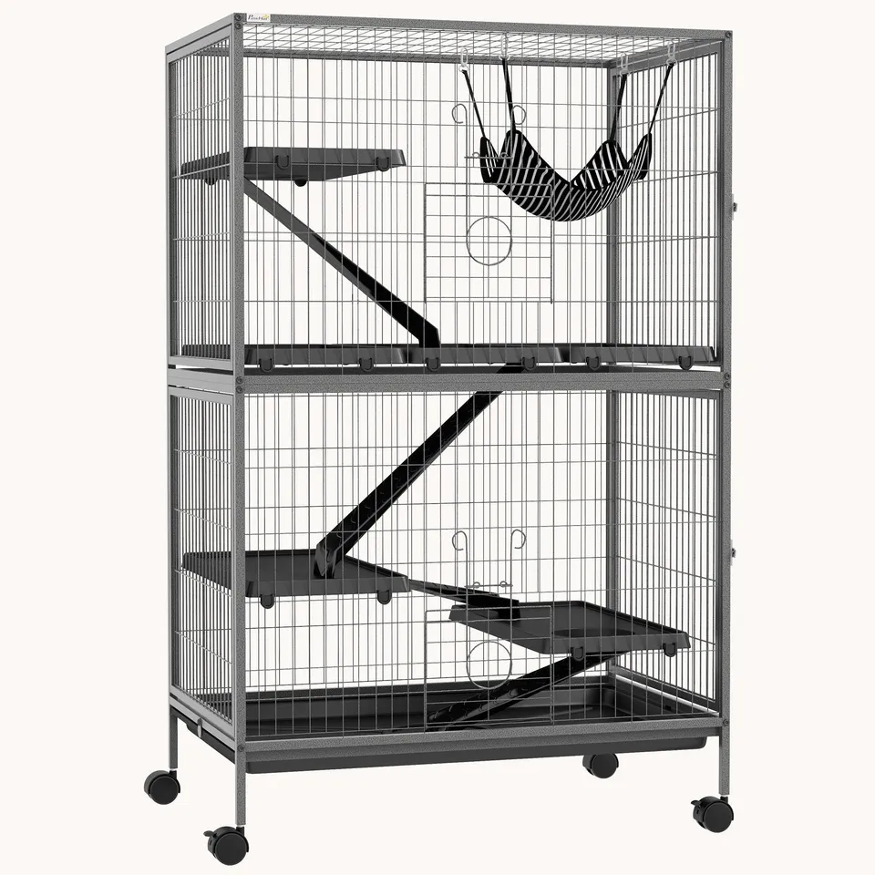 pawhut-cage-5-tages-127-cm-pour-petits-animaux-avec-hamac-et-6-portes-gris-fonc image 1