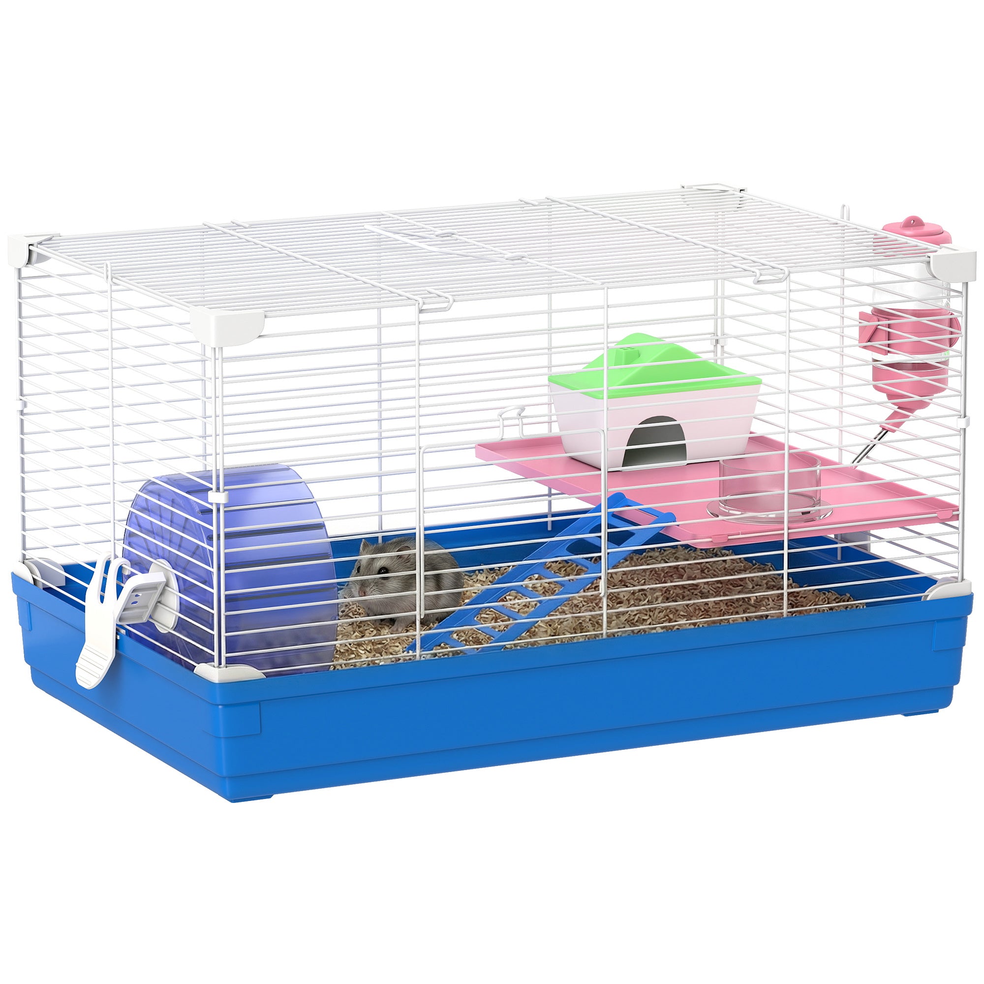pawhut-cage-hamster-47-cm-2-tages-avec-roue-biberon-et-gamelle-bleu image 1