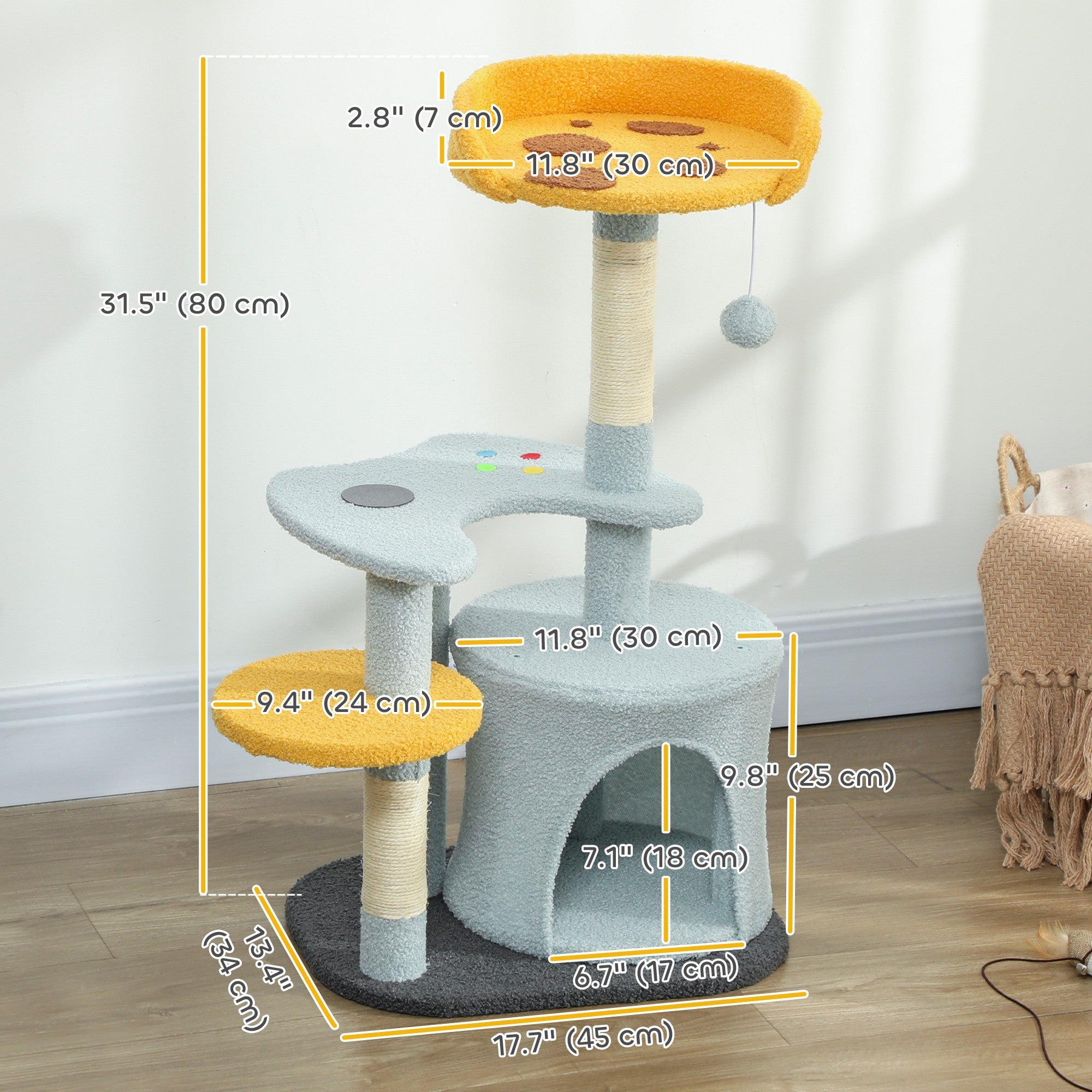 pawhut-arbre-chat-80-cm-avec-niche-perchoir-pizza-et-griffoir-sisal-bleu image 5