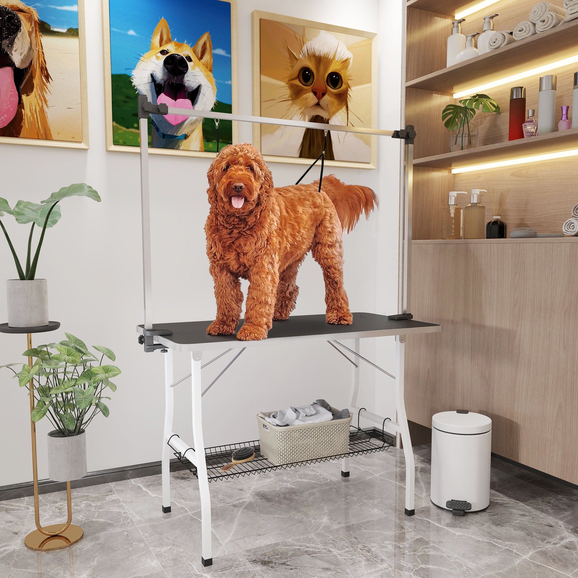 pawhut-table-de-toilettage-chien-pliable-107-cm-bras-r-glable-noire image 3