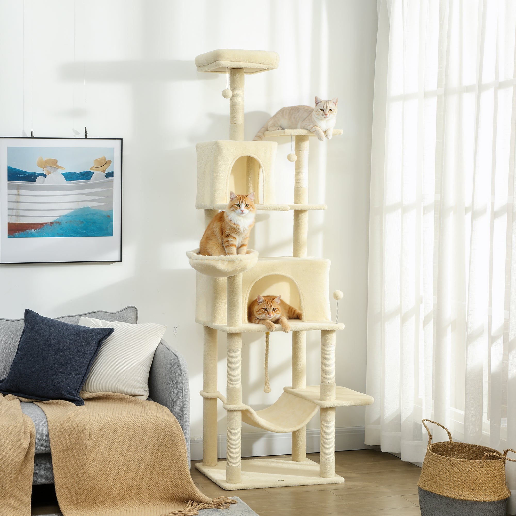 pawhut-grand-arbre-chat-202-cm-avec-6-griffoirs-2-niches-et-2-hamacs-beige image 4