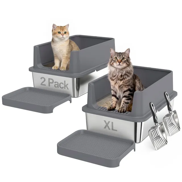 pawhut-bac-liti-re-chat-inox-xl-lot-de-2-avec-marche-et-pelles image 1