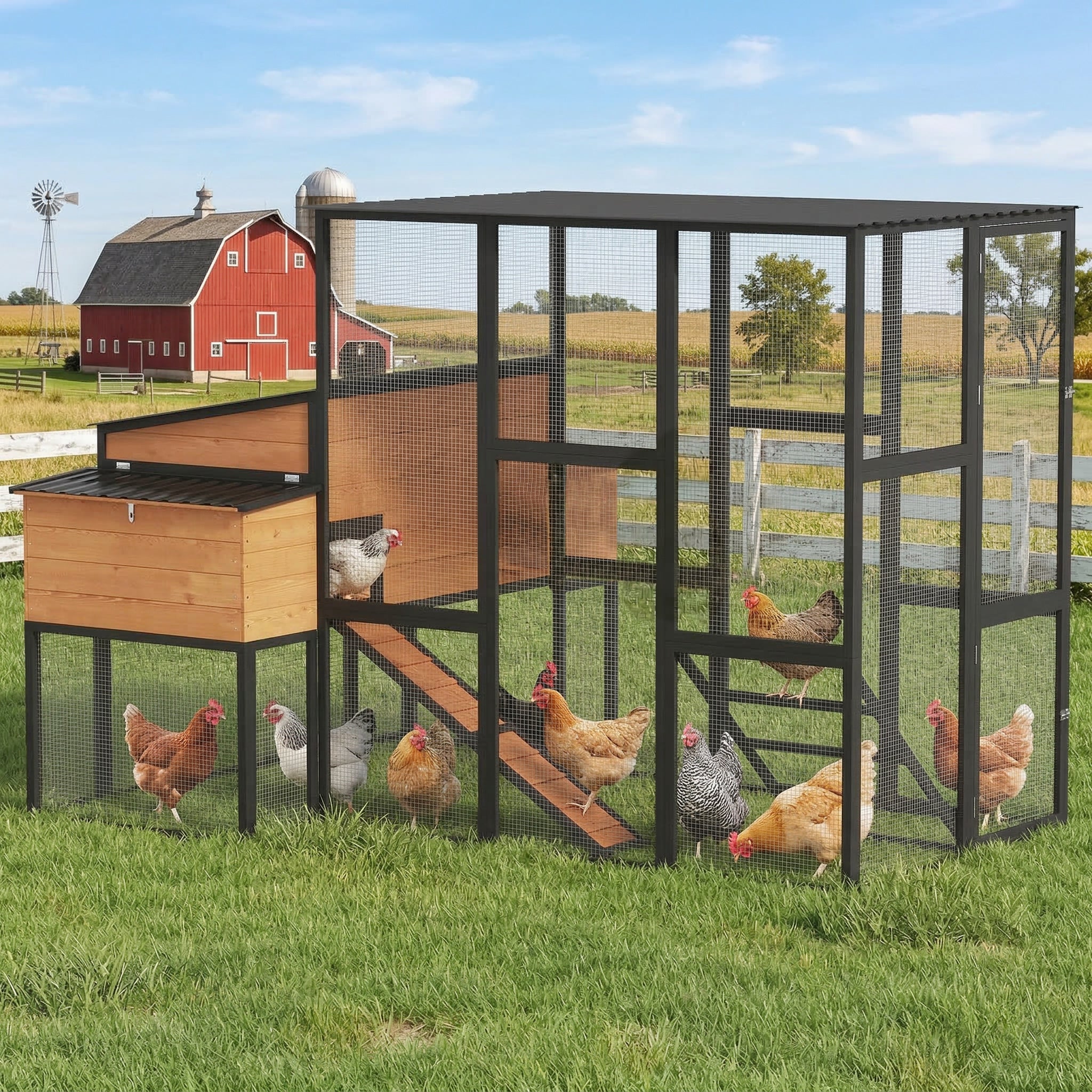 pawhut-poulailler-en-bois-105-walk-in-pour-7-12-poules-avec-enclos-et-2-pondoirs image 3