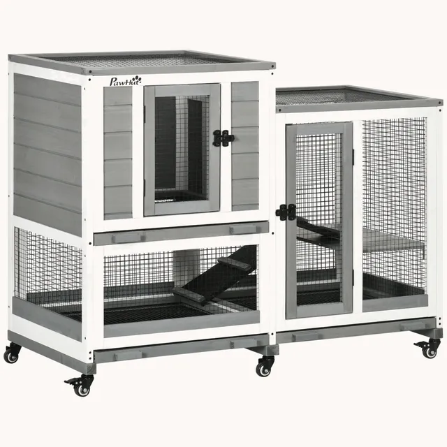 pawhut-clapier-lapin-3-tages-bois-avec-toit-tanche-et-roues-gris image 1