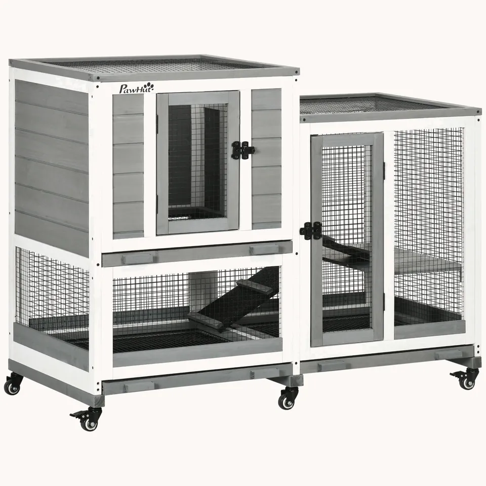 pawhut-clapier-lapin-3-tages-bois-avec-toit-tanche-et-roues-gris image 1
