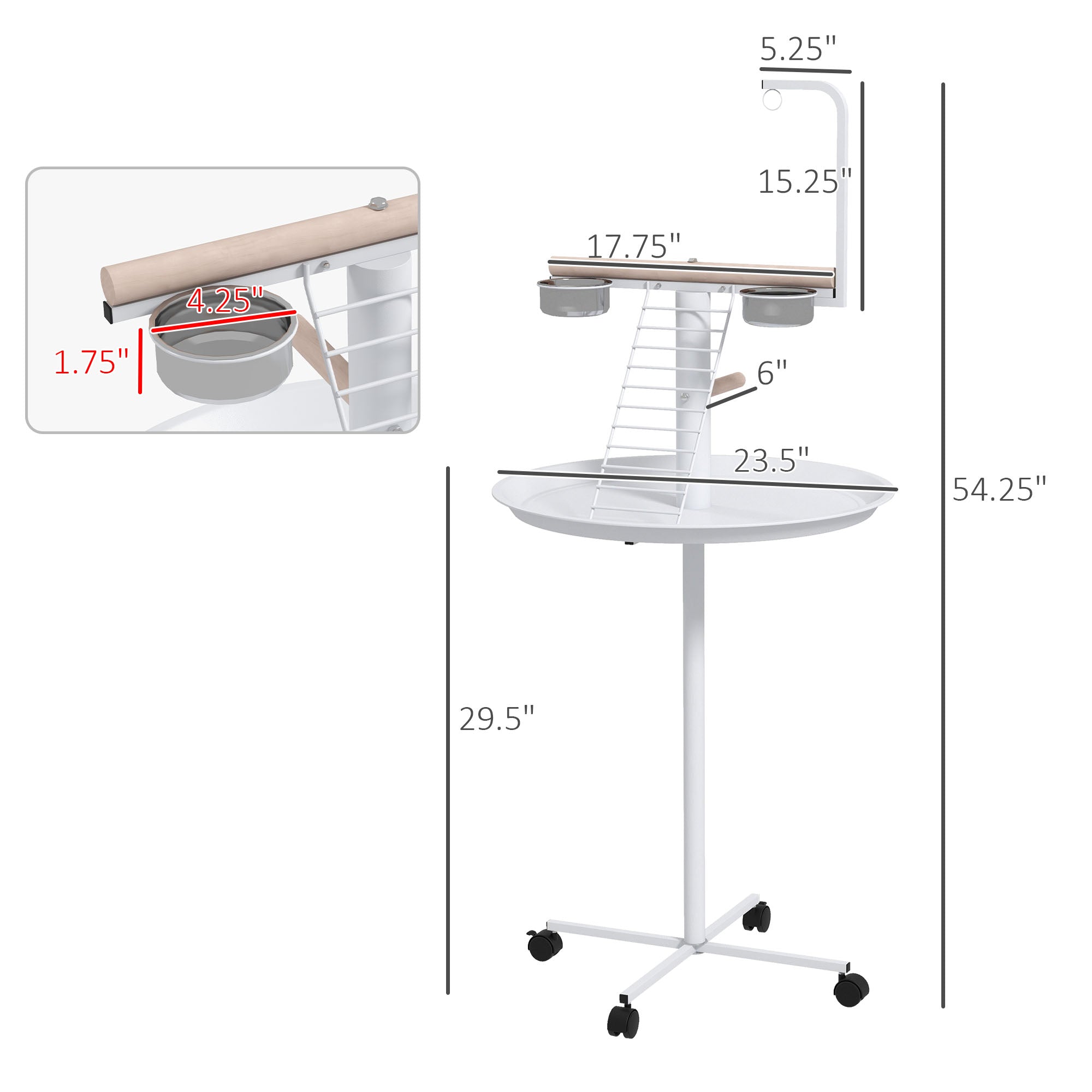 pawhut-perchoir-perroquet-sur-roulettes-avec-perches-et-mangeoires-inox-blanc image 6