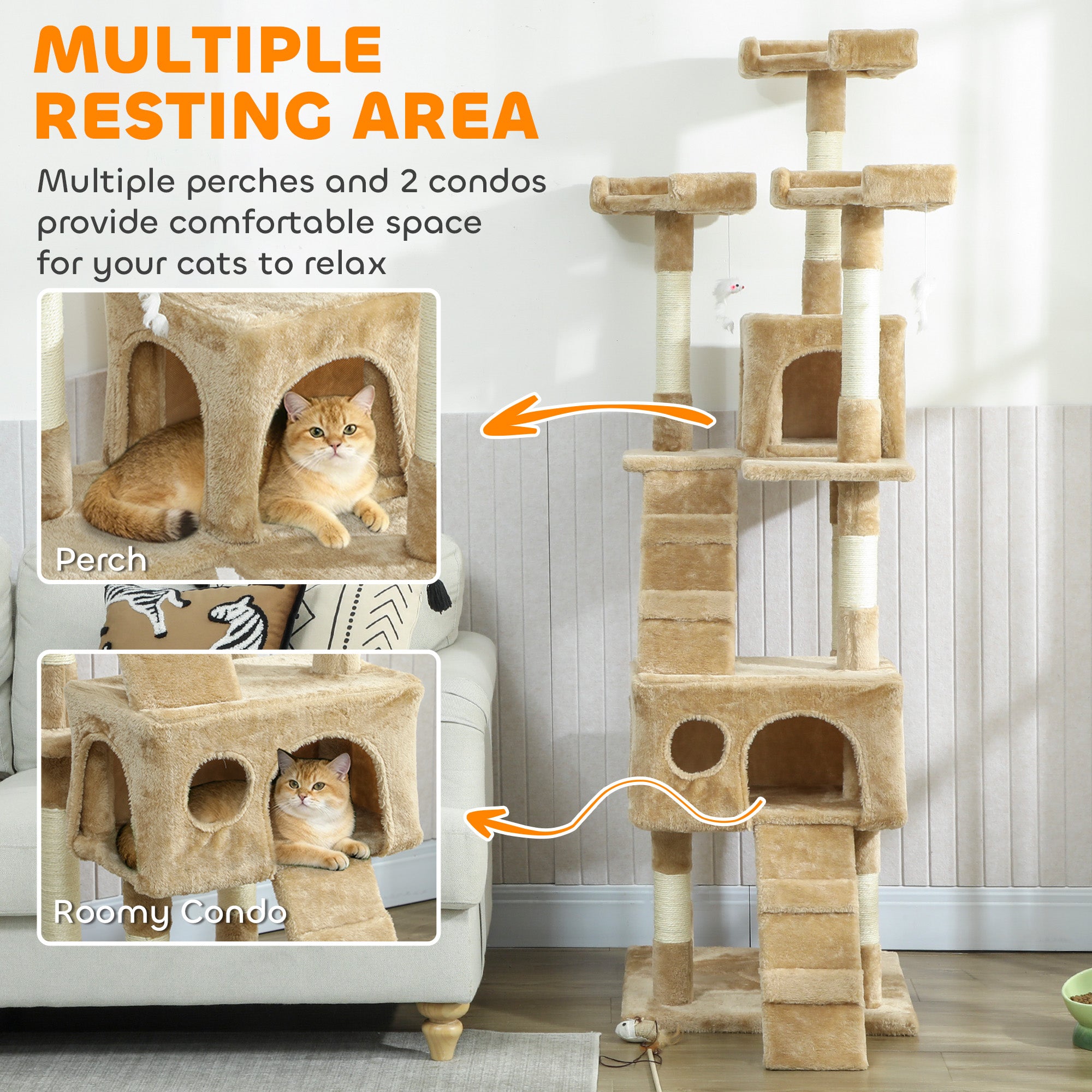 pawhut-arbre-chat-68-avec-2-niches-perchoirs-et-griffoirs-marron-clair image 8