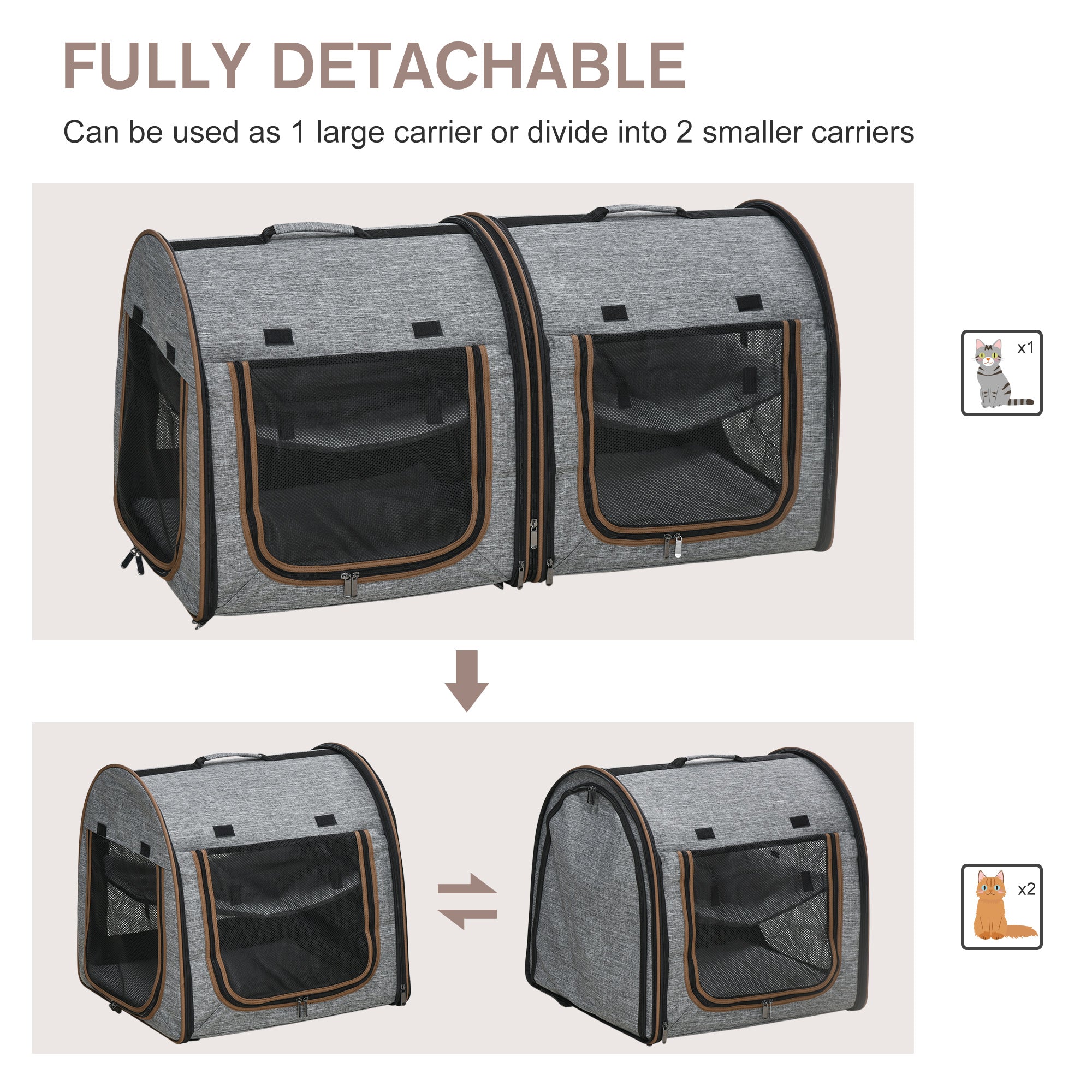 pawhut-sac-de-transport-double-pour-animaux-avec-s-parateur-et-coussins-gris image 7