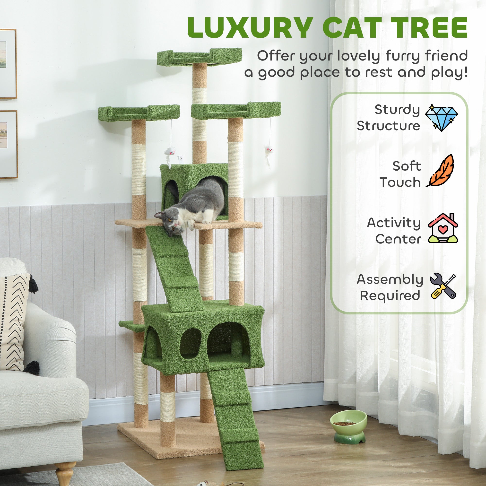 pawhut-arbre-chat-68-avec-2-niches-perchoirs-et-griffoirs-vert image 6