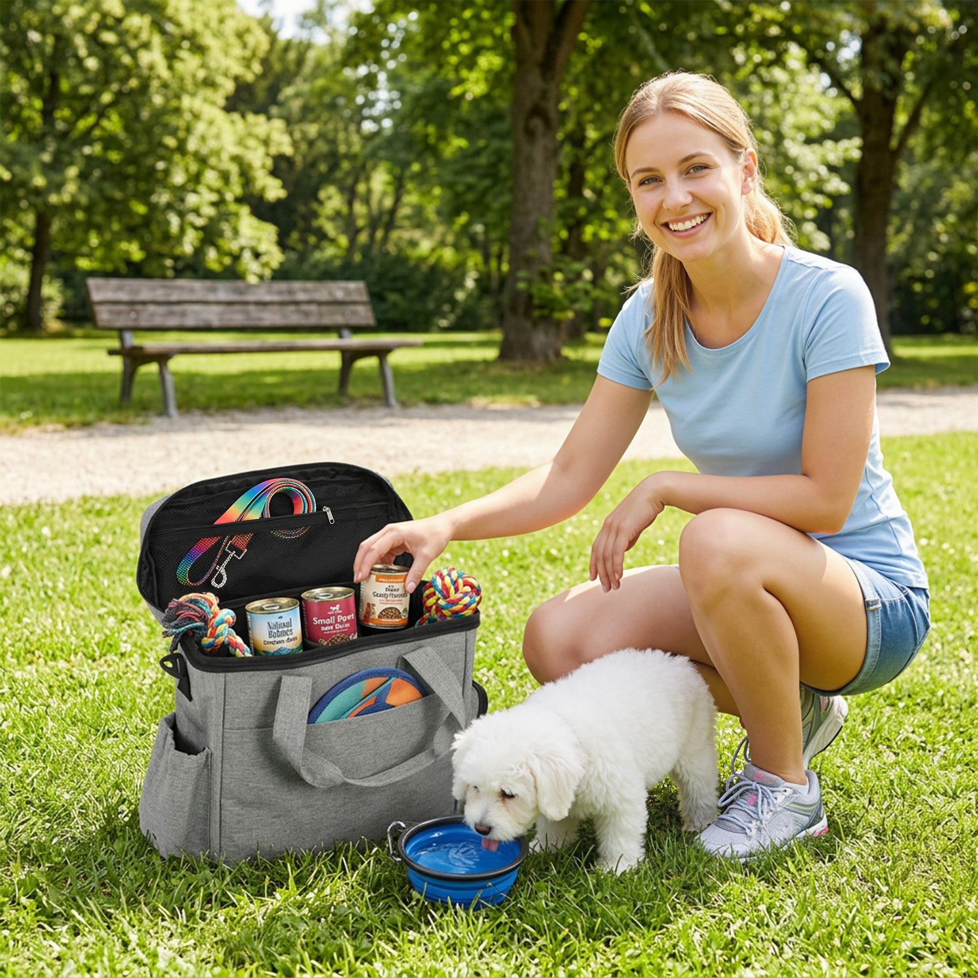 pawhut-sac-de-voyage-pour-chien-avec-2-bo-tes-repas-et-gamelle-pliable-gris-clai image 4