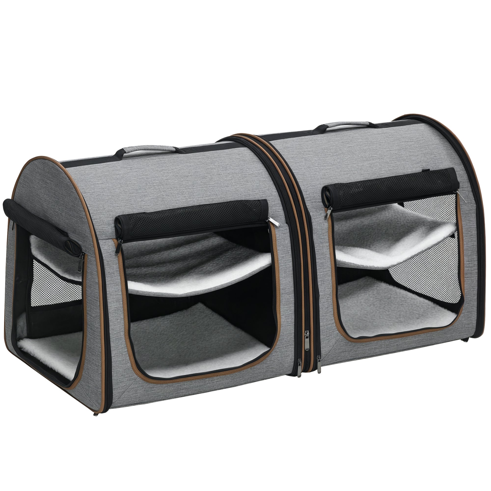 pawhut-sac-de-transport-double-pour-animaux-avec-s-parateur-et-coussins-gris image 1