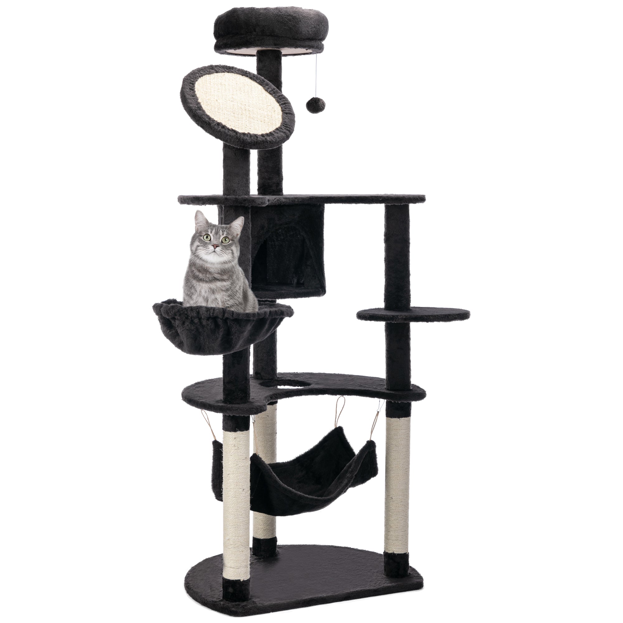 pawhut-arbre-chat-150-cm-avec-niche-2-hamacs-et-griffoirs-gris-fonc image 1