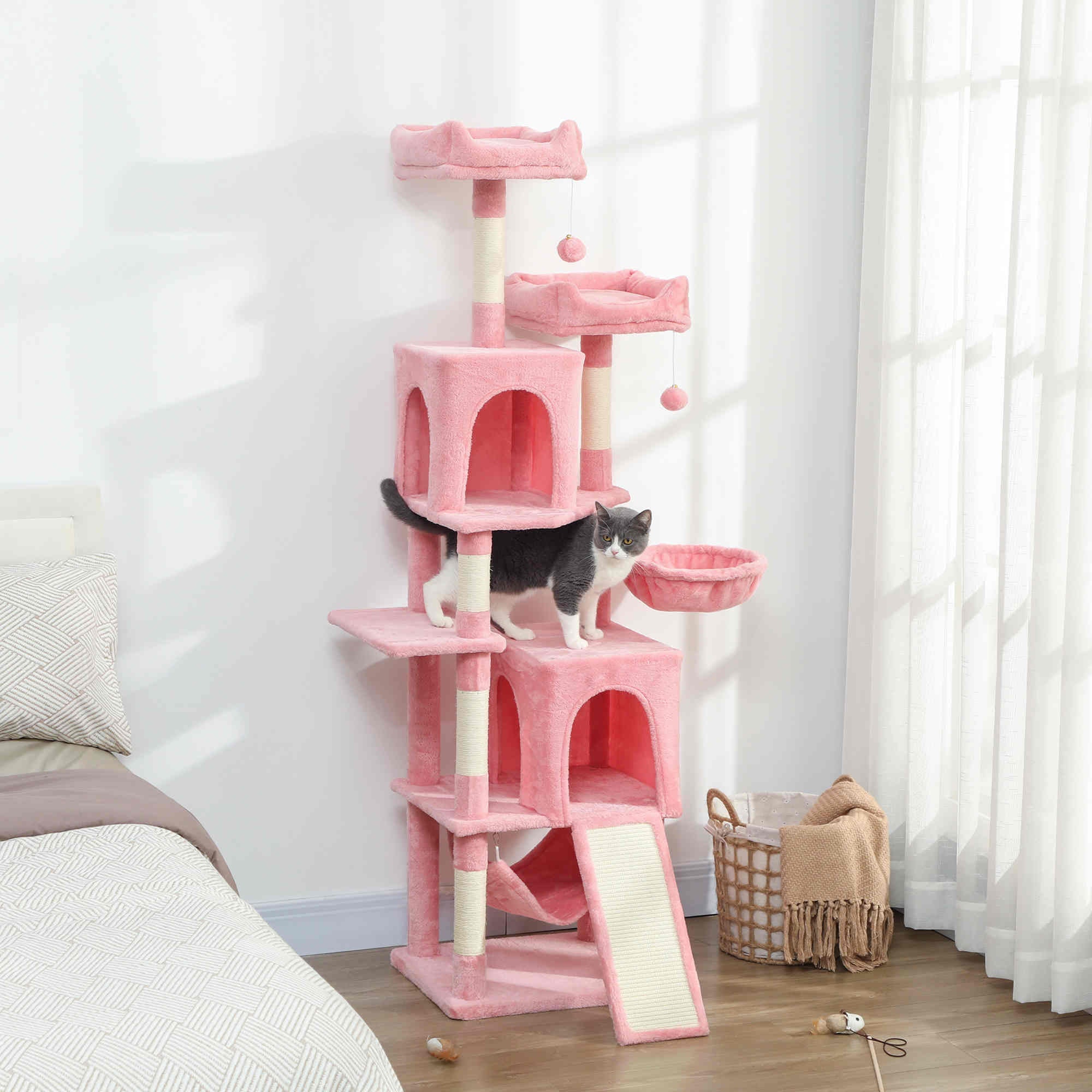 arbre-chat-pawhut-177-cm-avec-2-niches-2-perchoirs-et-hamac-rose image 3