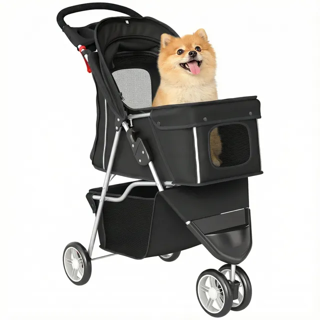 pawhut-poussette-chien-et-chat-3-roues-pliable-avec-porte-gobelet-noir image 1
