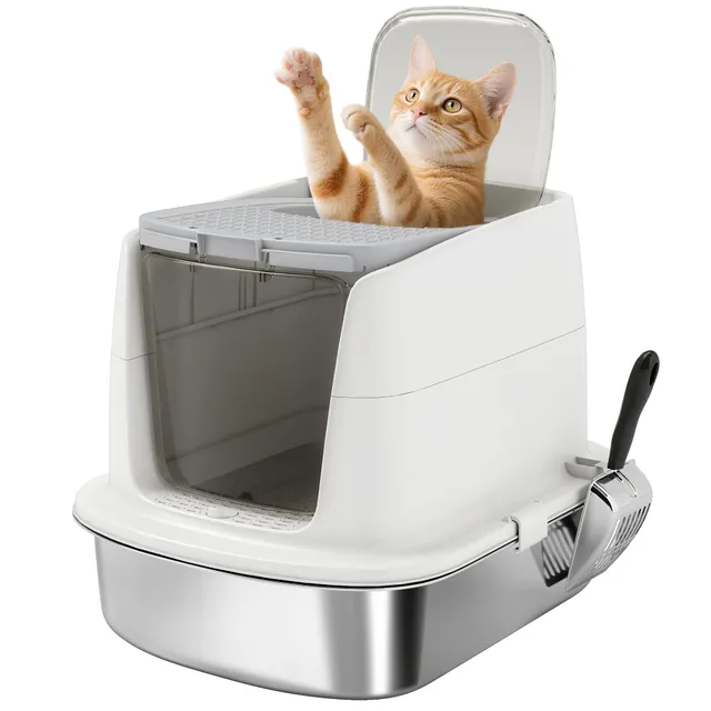 pawhut-bac-liti-re-ferm-inox-avec-pelle-et-d-sodorisant-blanc image 1