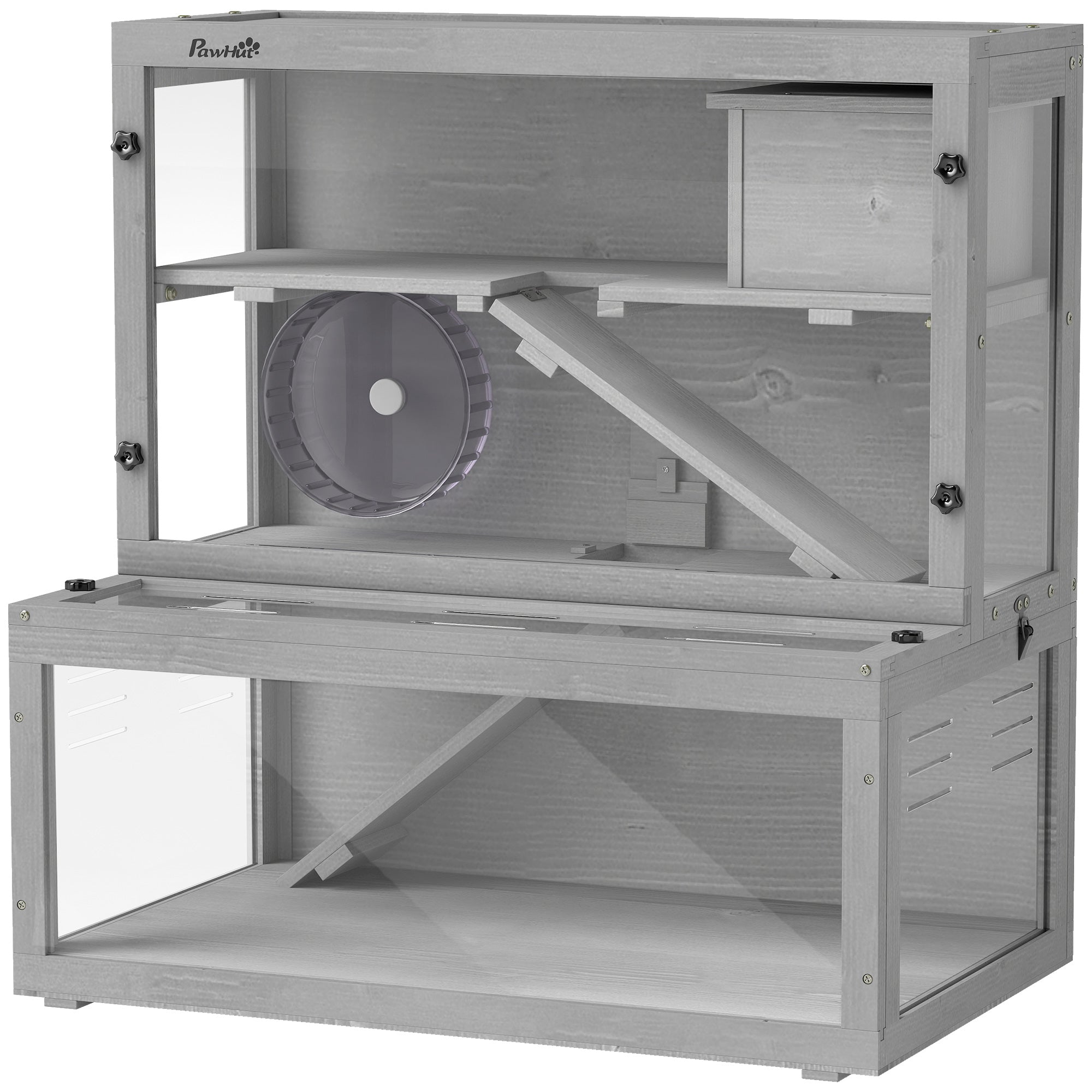 pawhut-cage-hamster-3-niveaux-bois-de-sapin-panneau-transparent-gris image 2