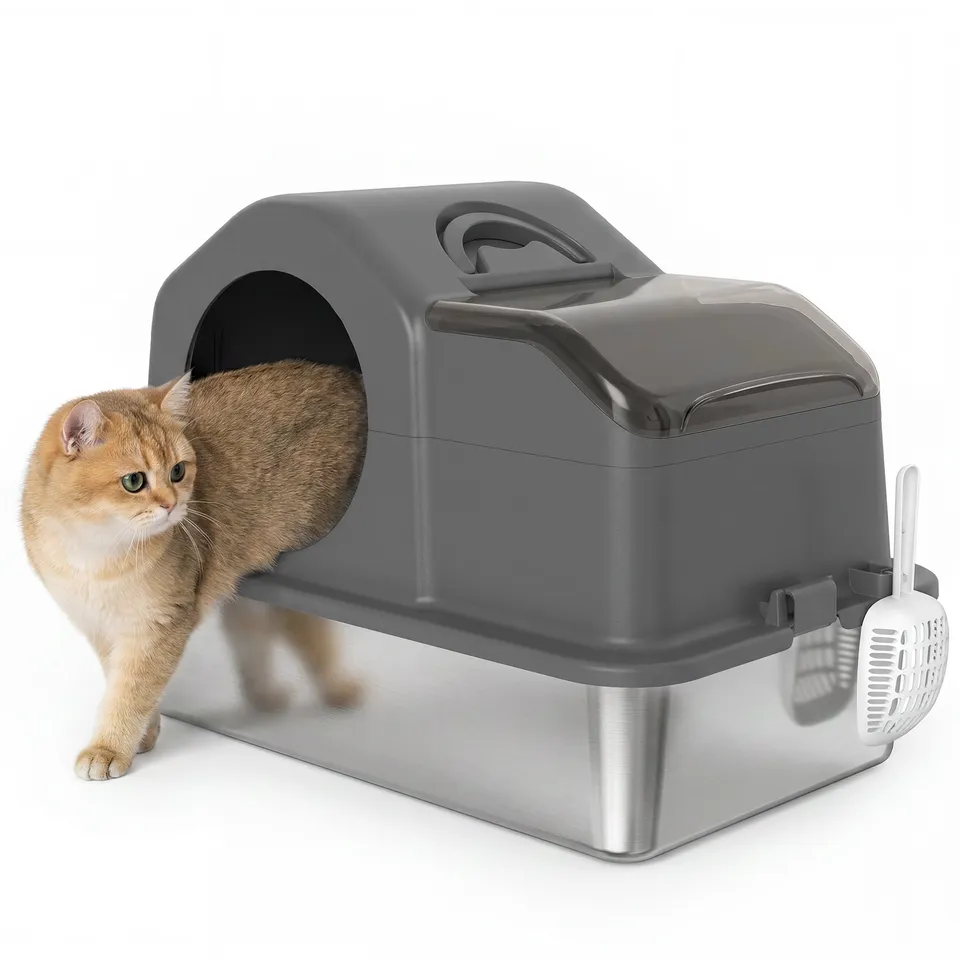 pawhut-bac-liti-re-chat-xxl-ferm-inox-avec-couvercle-gris-fonc image 1