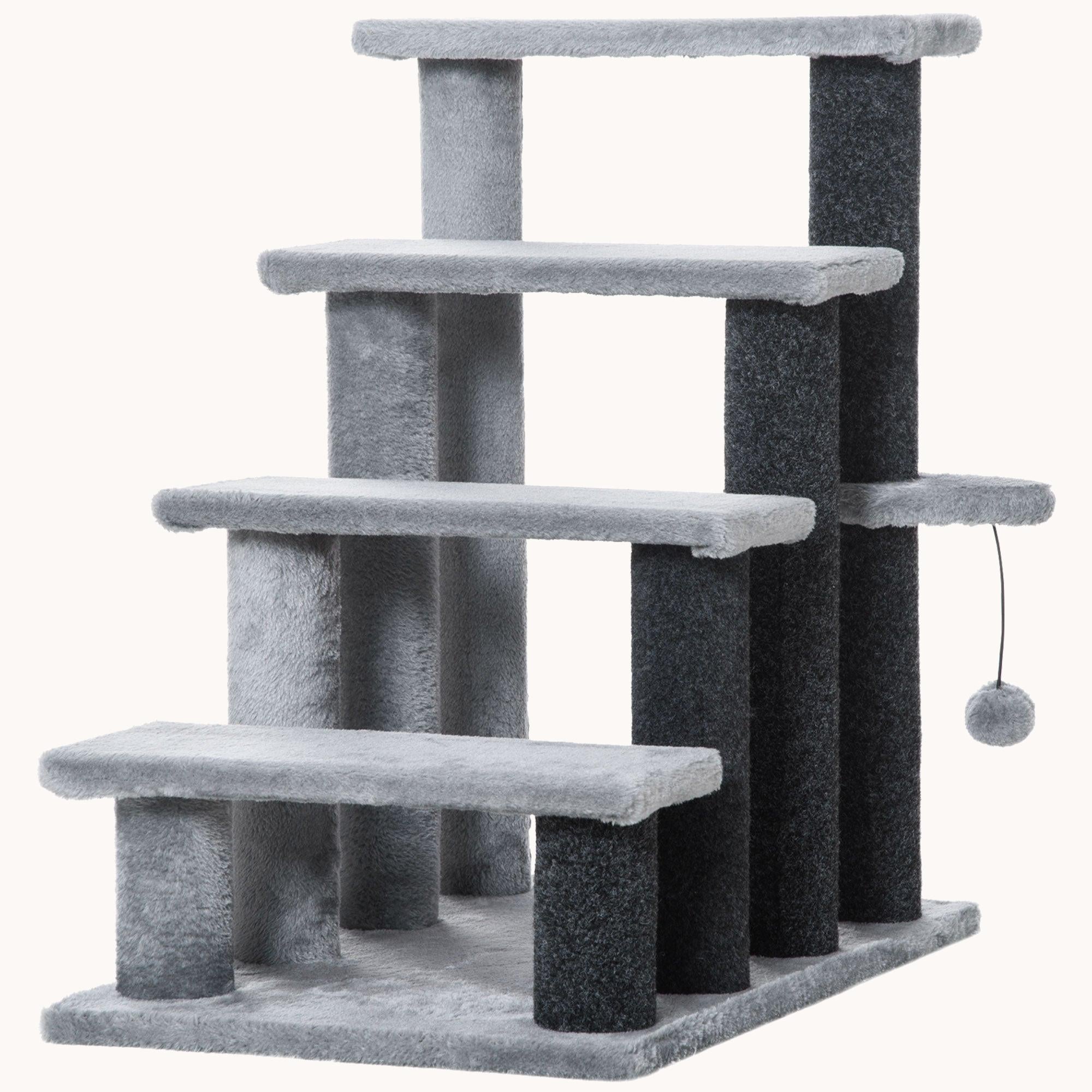 pawhut-escalier-pour-chat-4-marches-2-en-1-avec-griffoirs-et-balle-suspendue-gri image 1