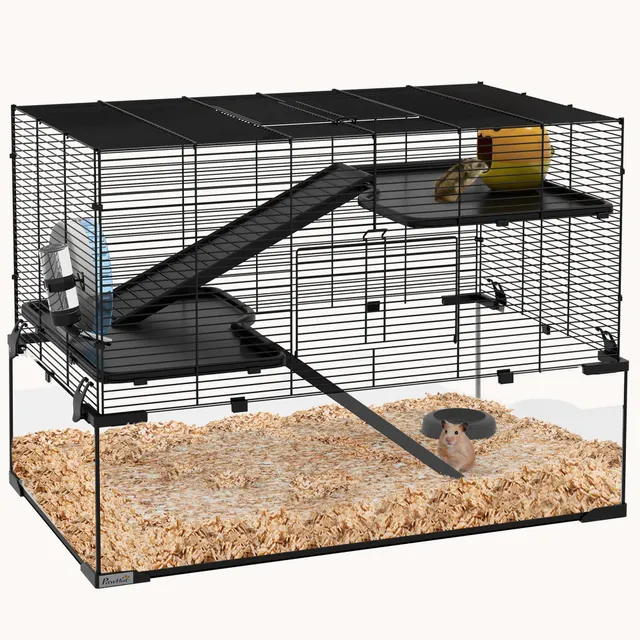 pawhut-cage-hamster-3-tages-79-x-48-x-57-cm-avec-fond-verre-tremp-et-accessoires image 1