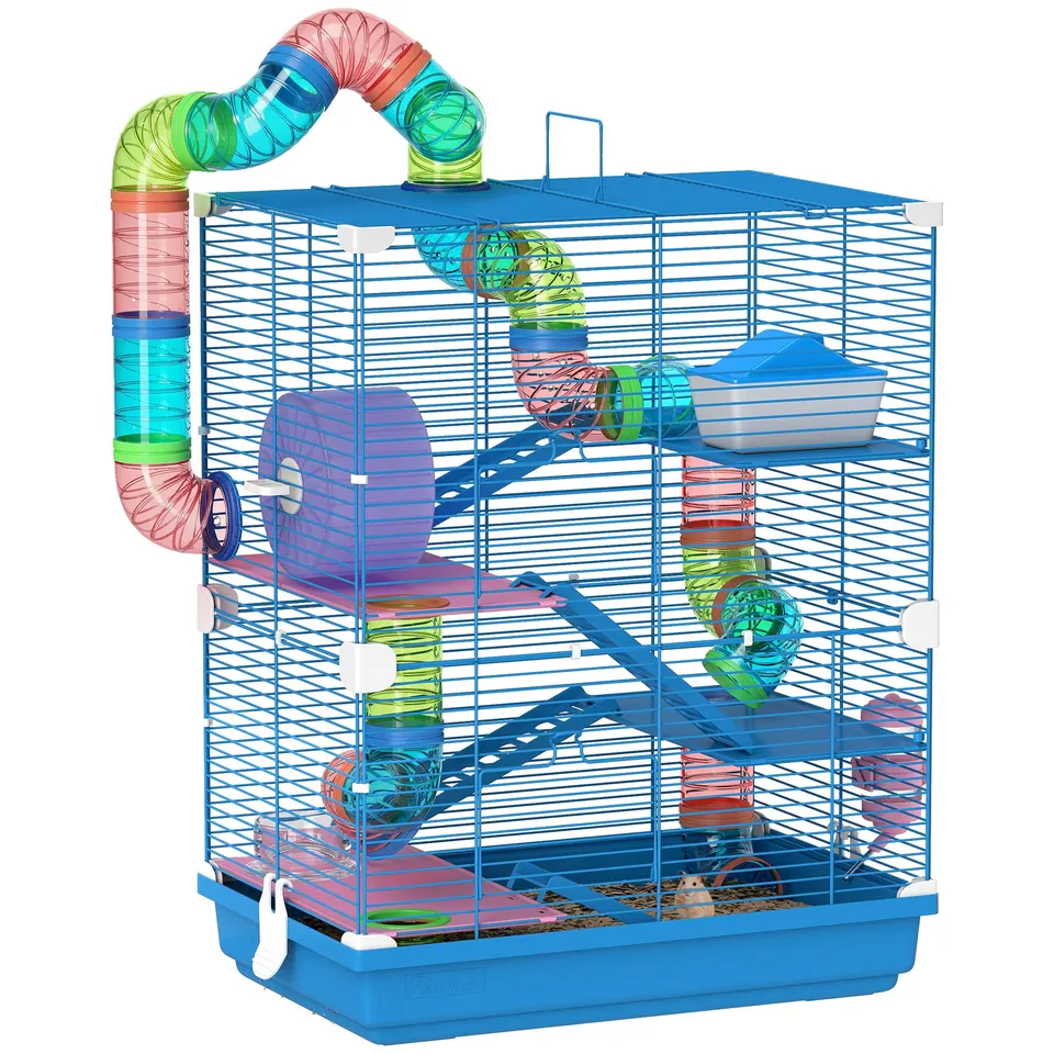 pawhut-cage-hamster-5-tages-tunnels-roue-bleu image 1