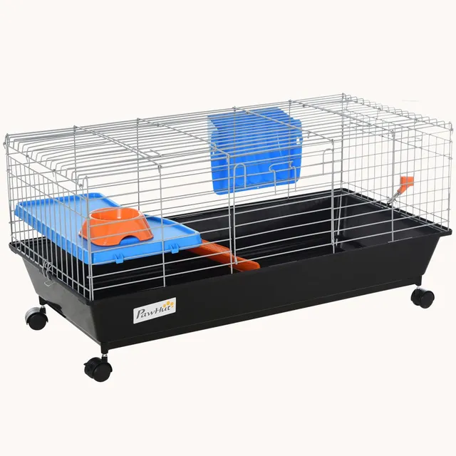 pawhut-cage-petits-animaux-35-roulettes-avec-plateforme-rampe-et-biberon-noire image 1