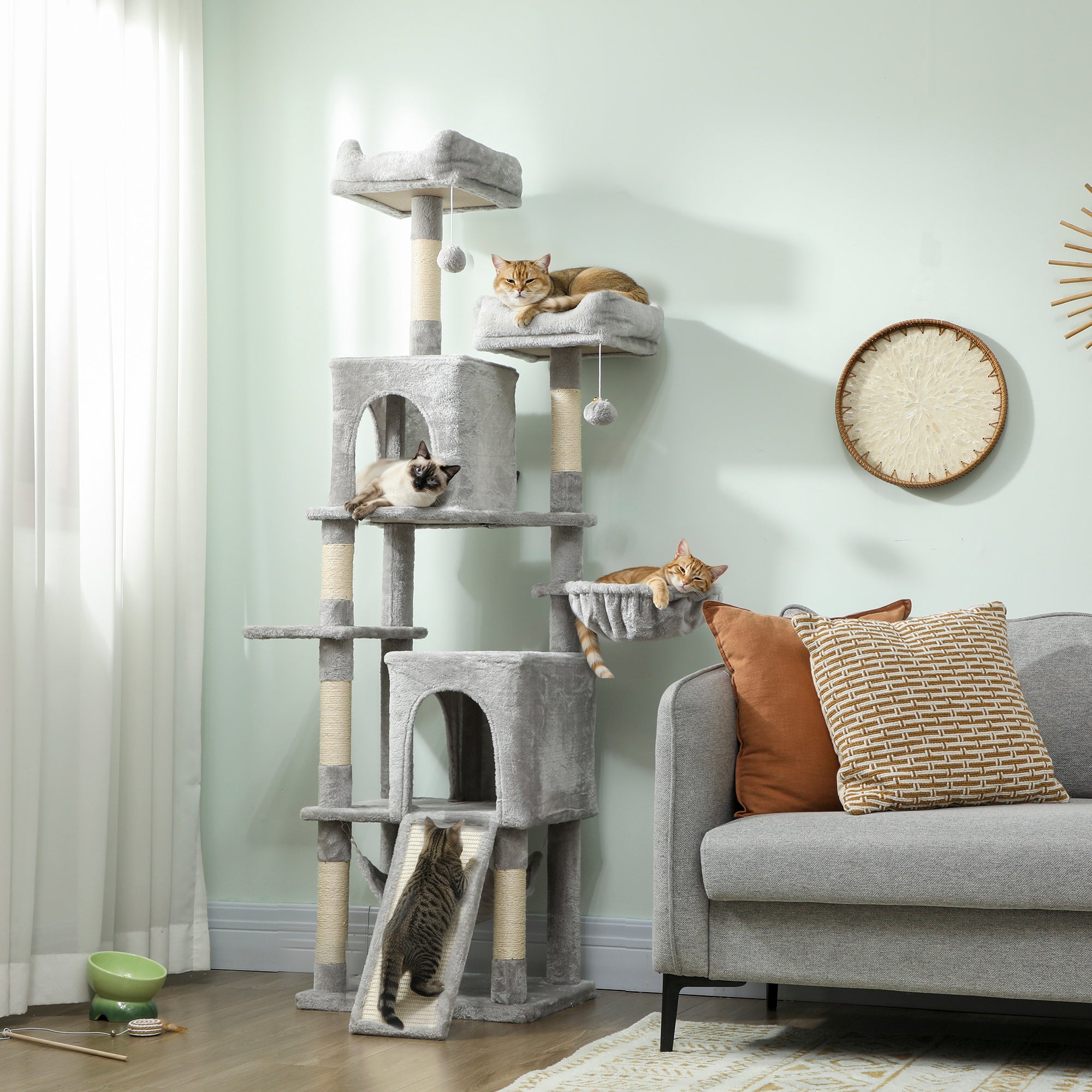 pawhut-arbre-chat-177-cm-2-niches-2-perchoirs-hamac-gris-clair image 3