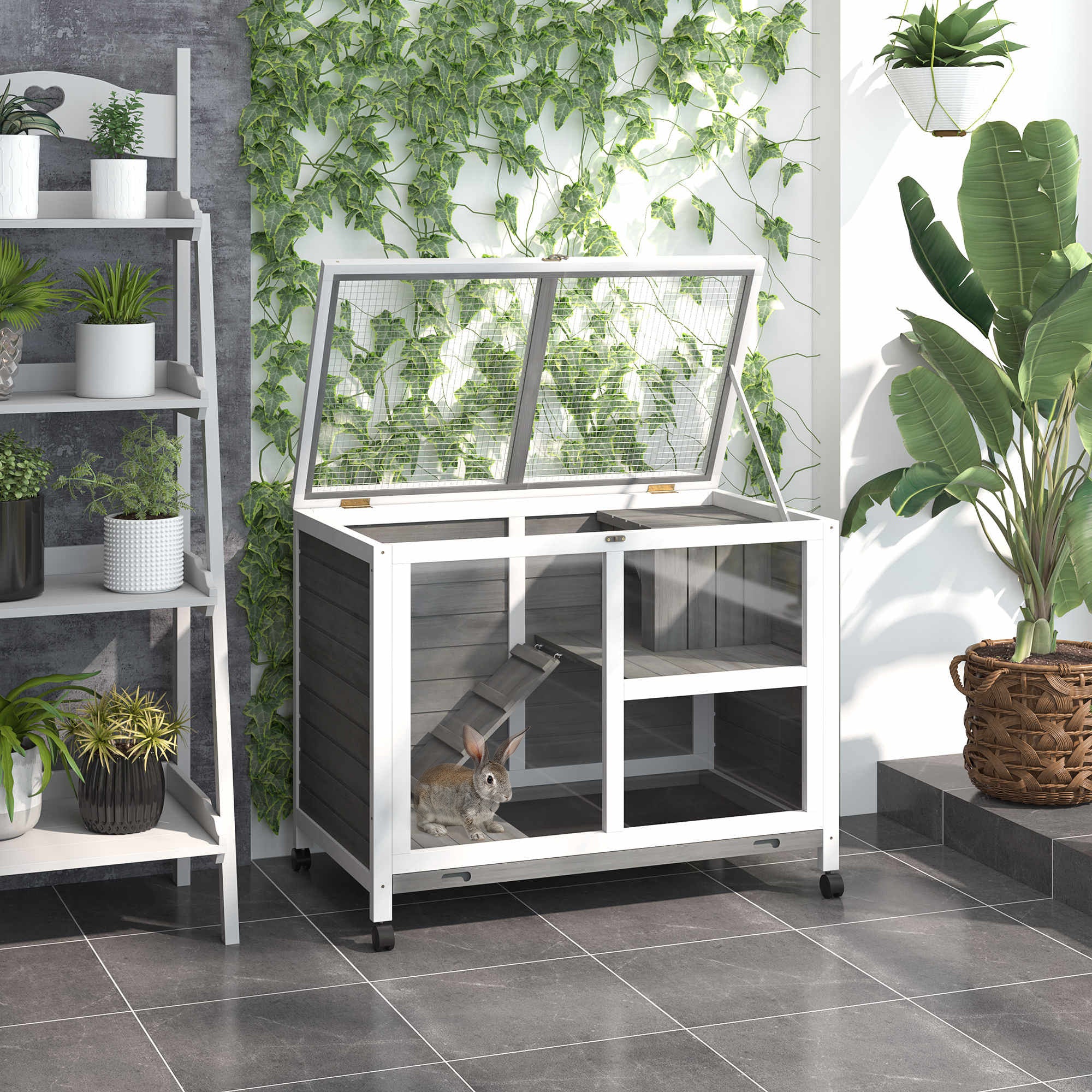 pawhut-cage-2-tages-en-bois-roulettes-pour-petits-animaux-gris image 3