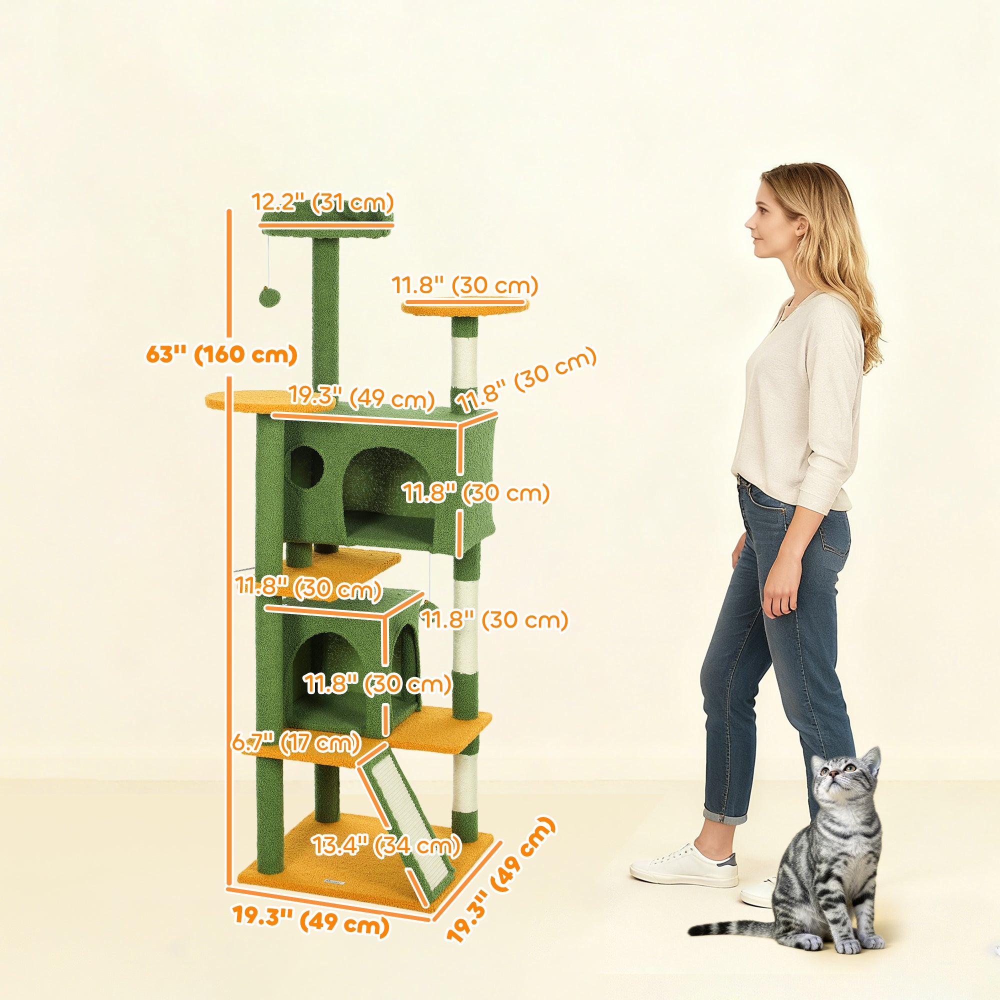 pawhut-arbre-chat-160-cm-avec-niches-lit-rampe-et-griffoirs-vert image 5