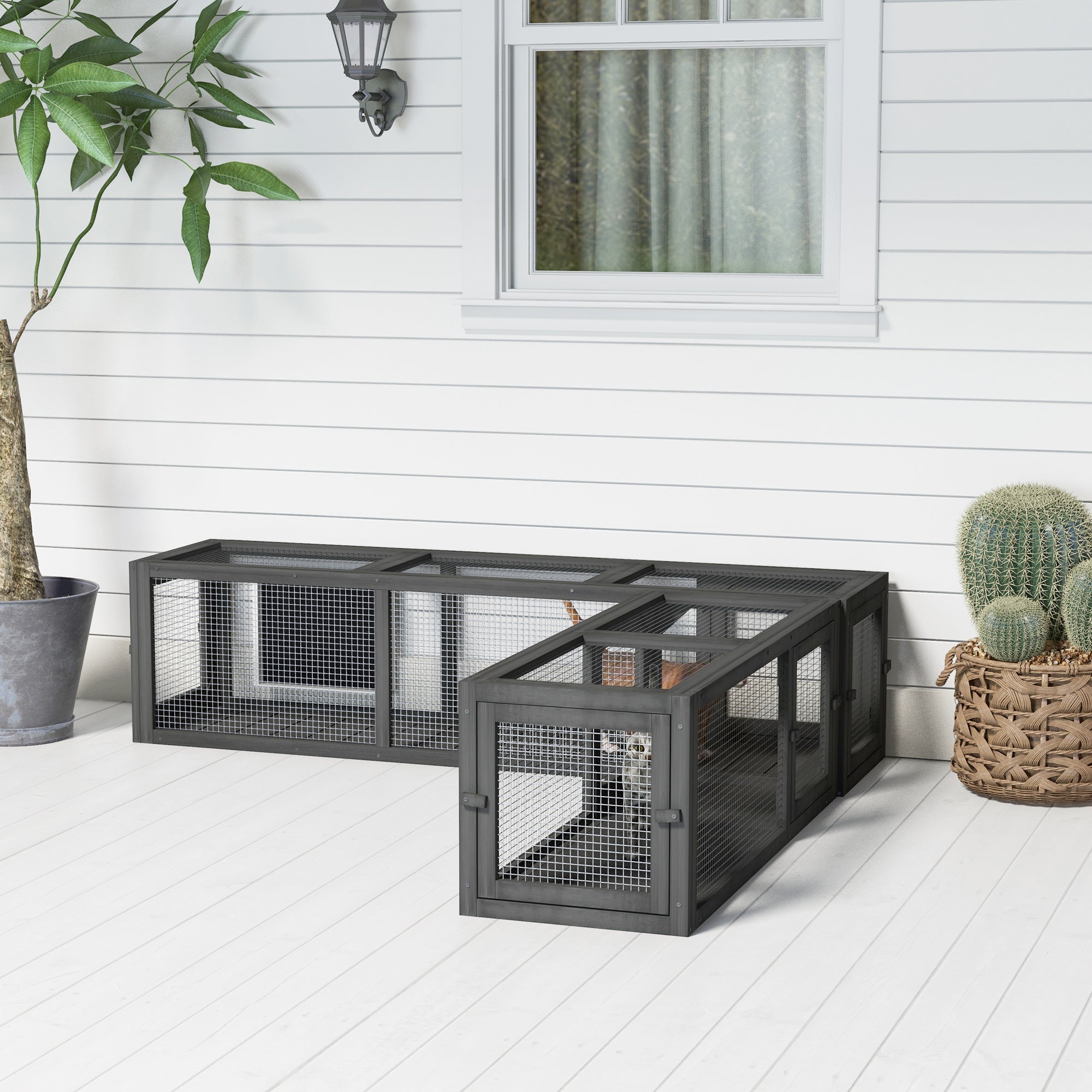 pawhut-tunnel-chat-ext-rieur-bois-250-cm-8-portes-modulable-gris-fonc image 5