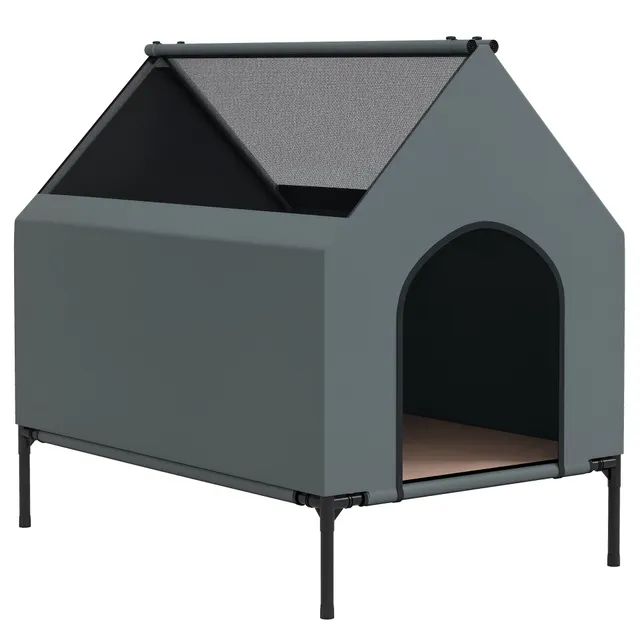 pawhut-niche-chien-d-ext-rieur-sur-lev-e-convertible-en-lit-de-camping-gris image 1