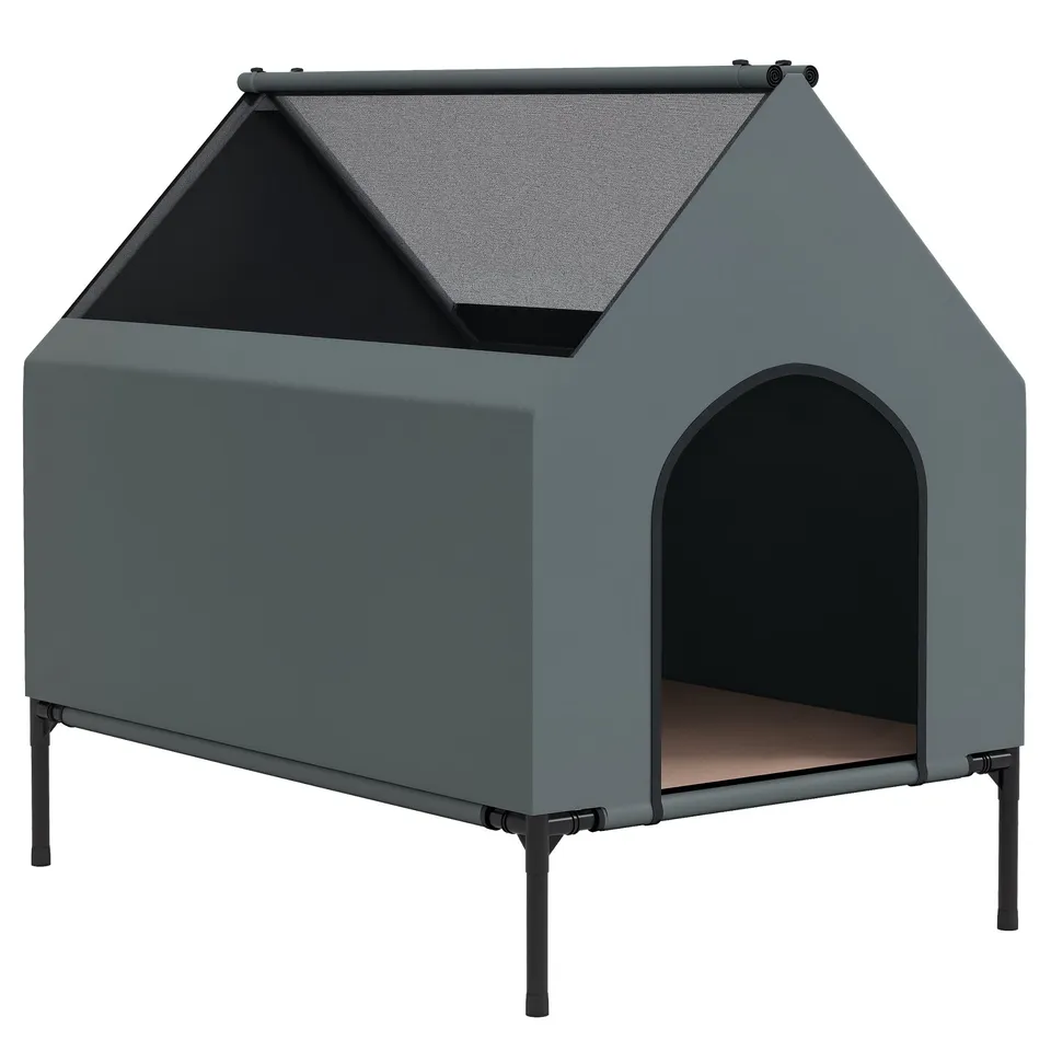 pawhut-niche-chien-d-ext-rieur-sur-lev-e-convertible-en-lit-de-camping-gris image 1