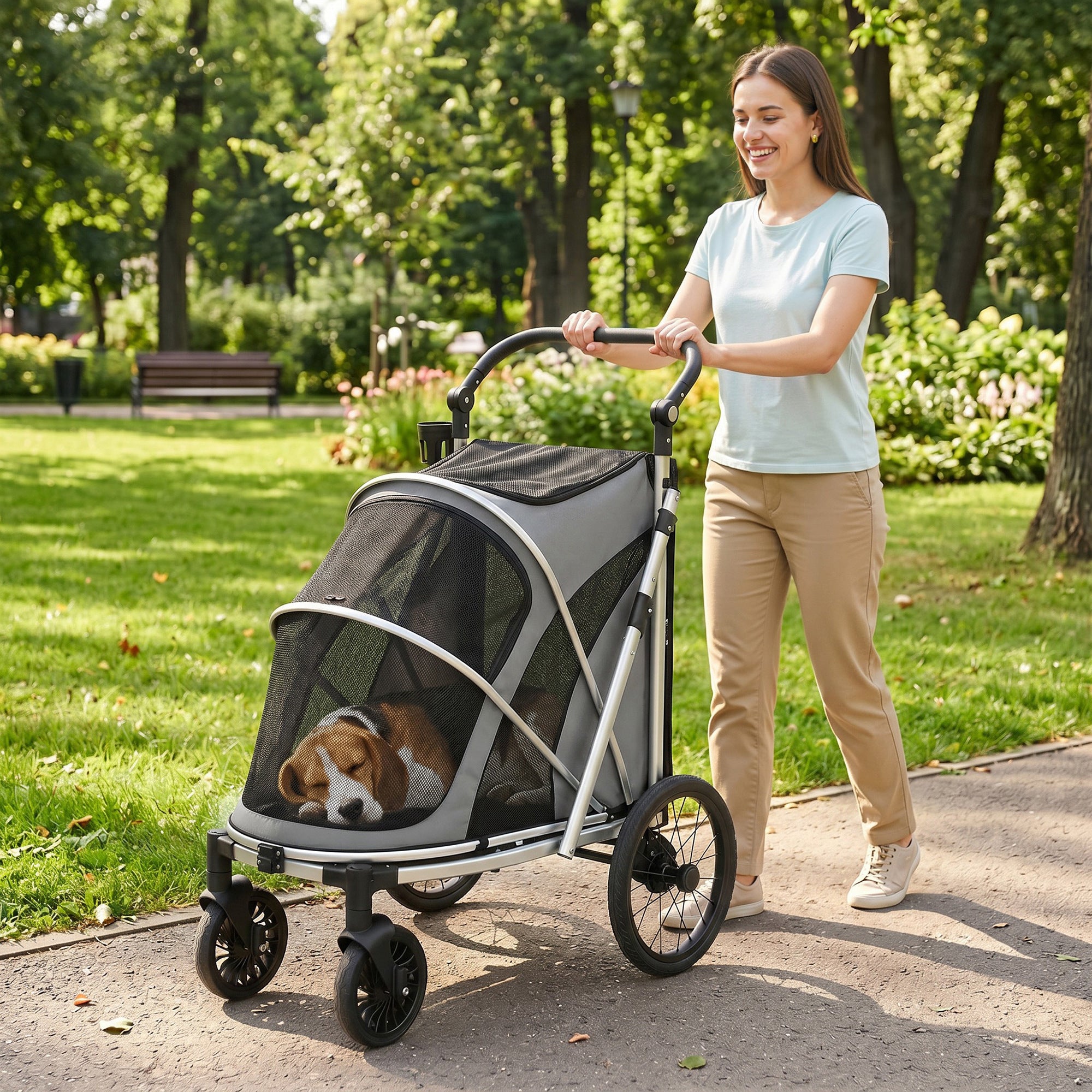 pawhut-poussette-chien-pliable-avec-suspension-pour-chiens-jusqu-20-kg-gris image 4