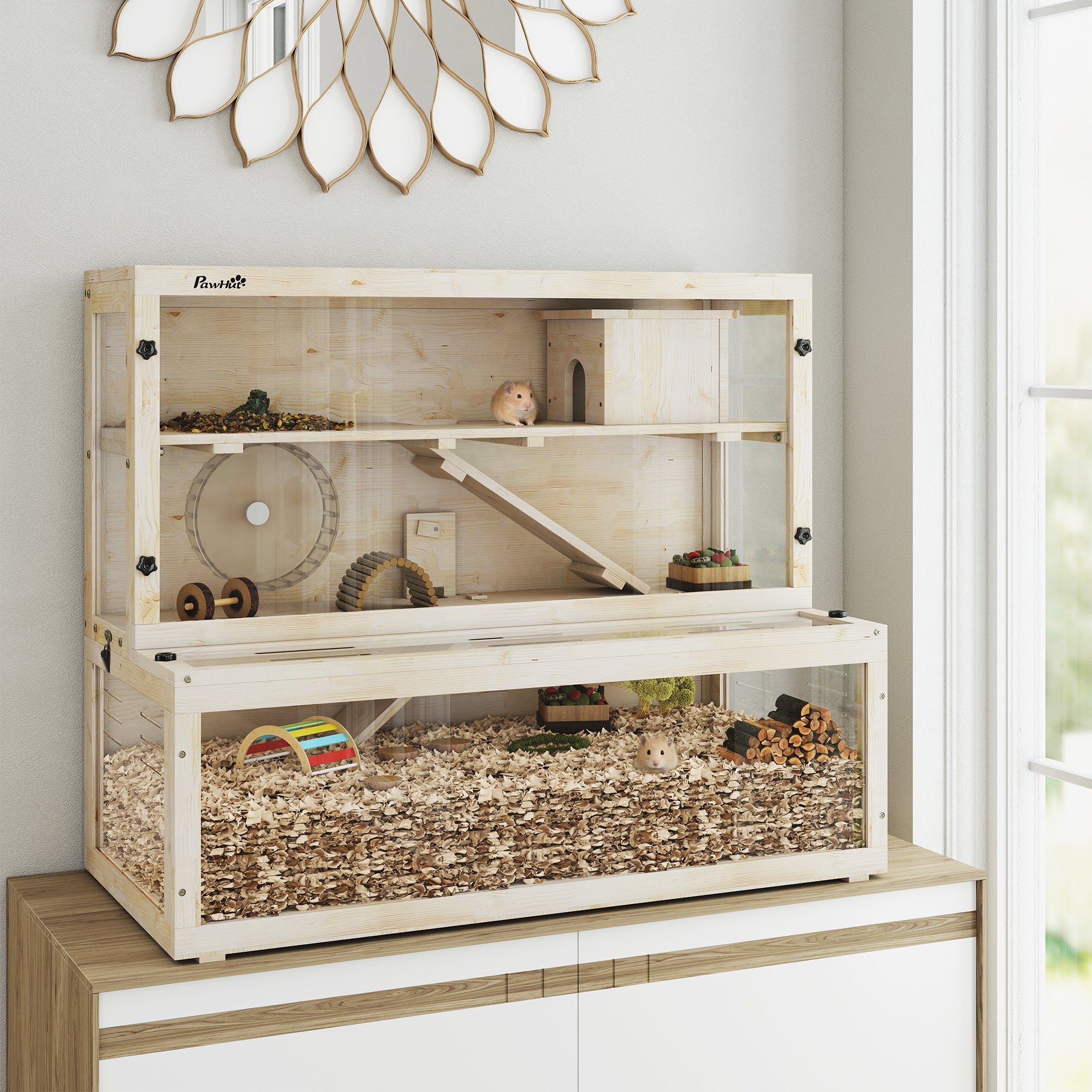 pawhut-cage-hamster-bois-100-x-50-x-84-cm-3-tages-avec-roue-et-rampes image 4