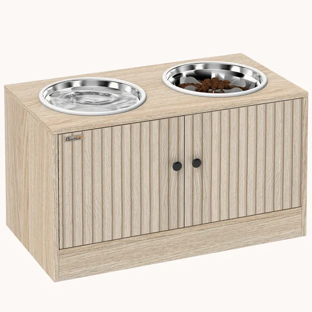 pawhut-gamelle-chien-sur-lev-e-avec-meuble-2-bols-inox-ralentisseur-ch-ne image 1