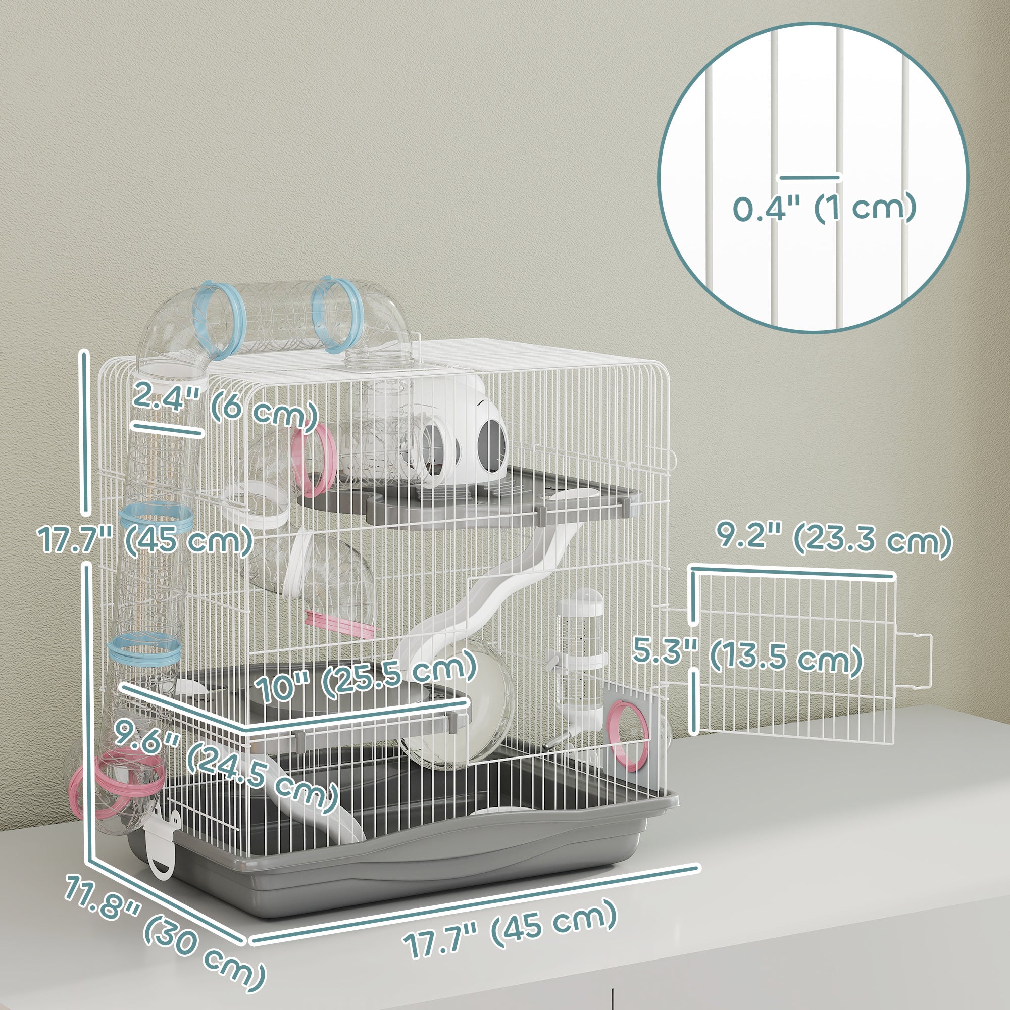 pawhut-cage-hamster-3-tages-avec-roue-tunnels-et-biberon-45-x-30-x-45-cm-gris image 5