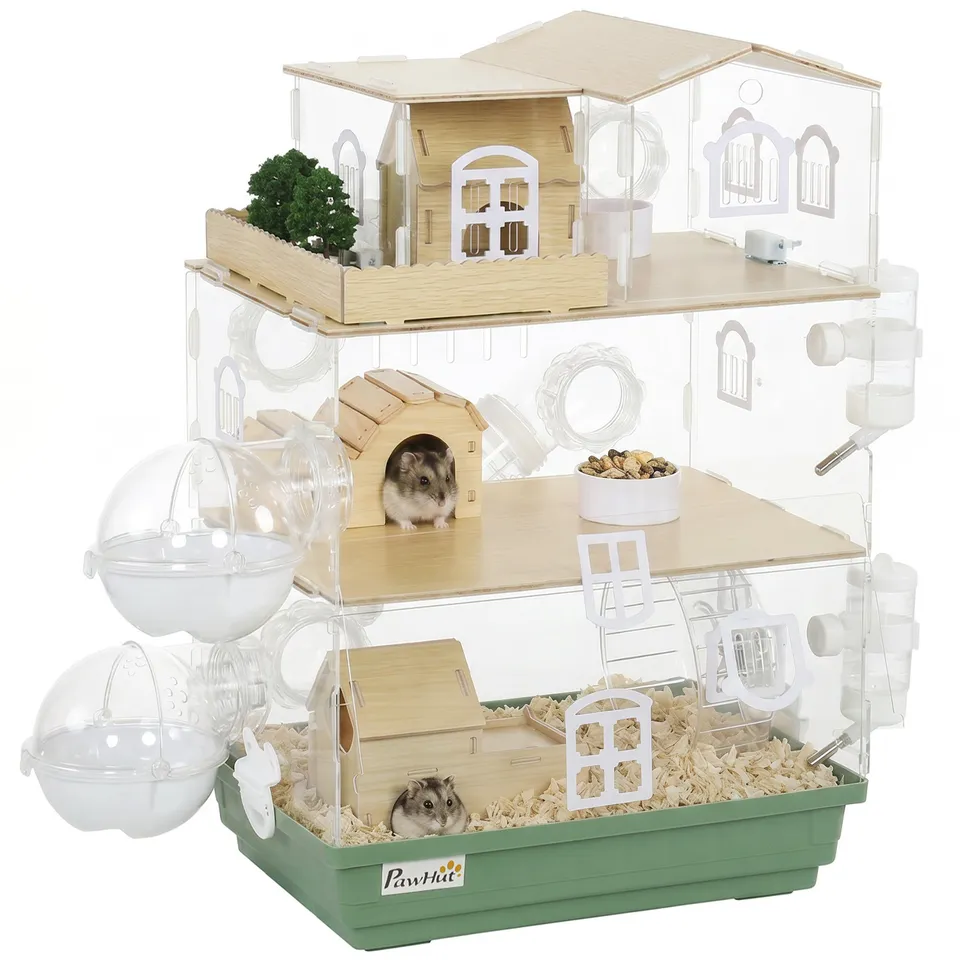 pawhut-cage-hamster-acrylique-3-tages-avec-roue-et-biberon-13-4-x-9-8-x-20-5-in image 1