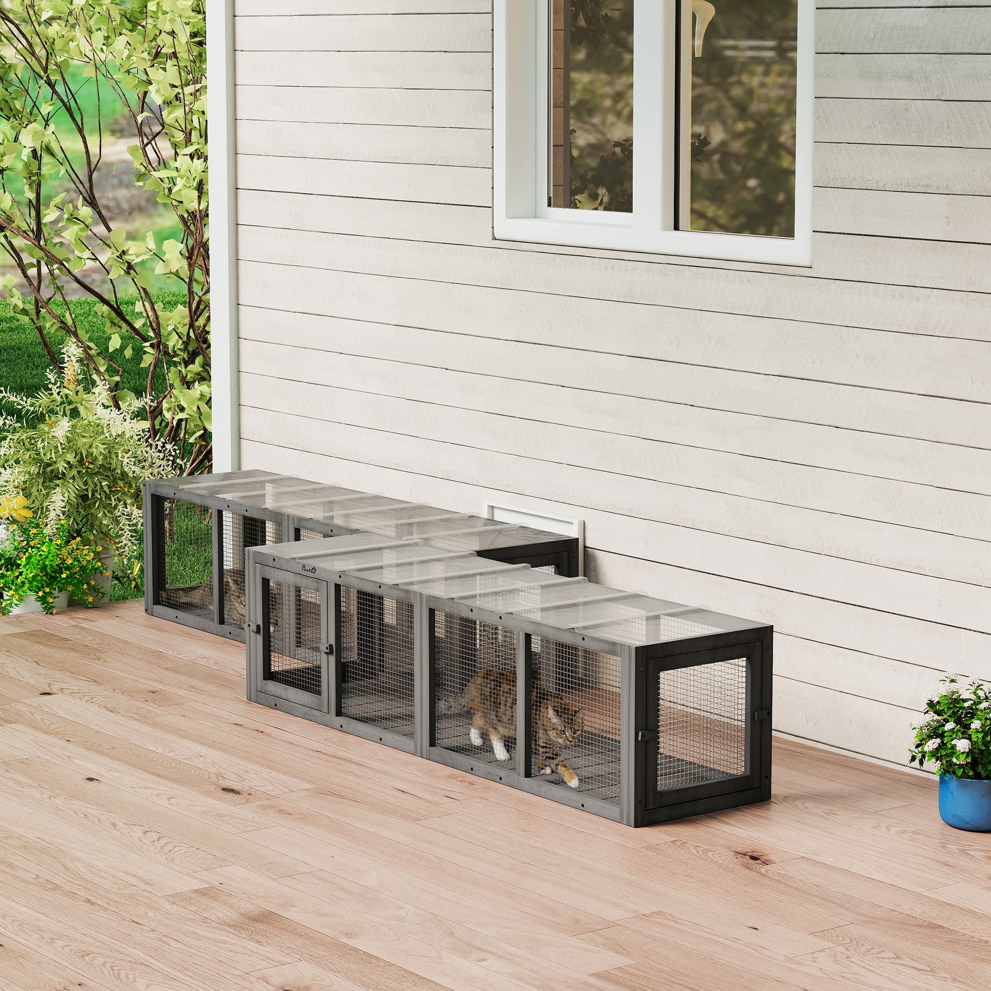 pawhut-tunnel-ext-rieur-chat-bois-modulaire-3-portes-gris image 4