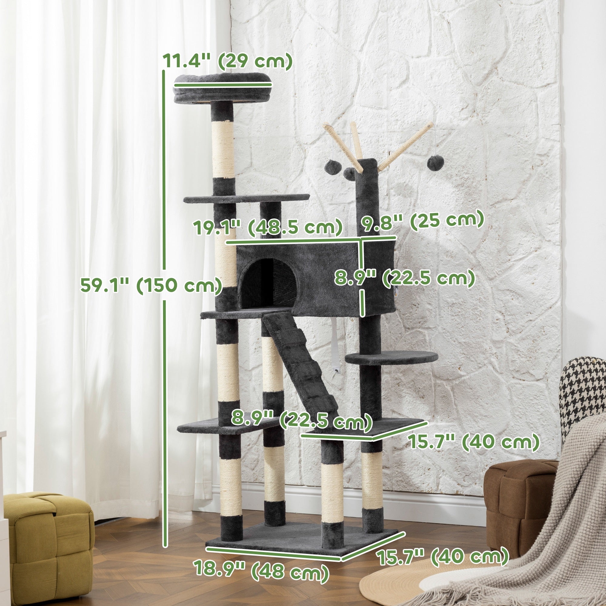 pawhut-arbre-chat-multi-niveaux-59-avec-niche-et-chelle-gris-fonc image 5