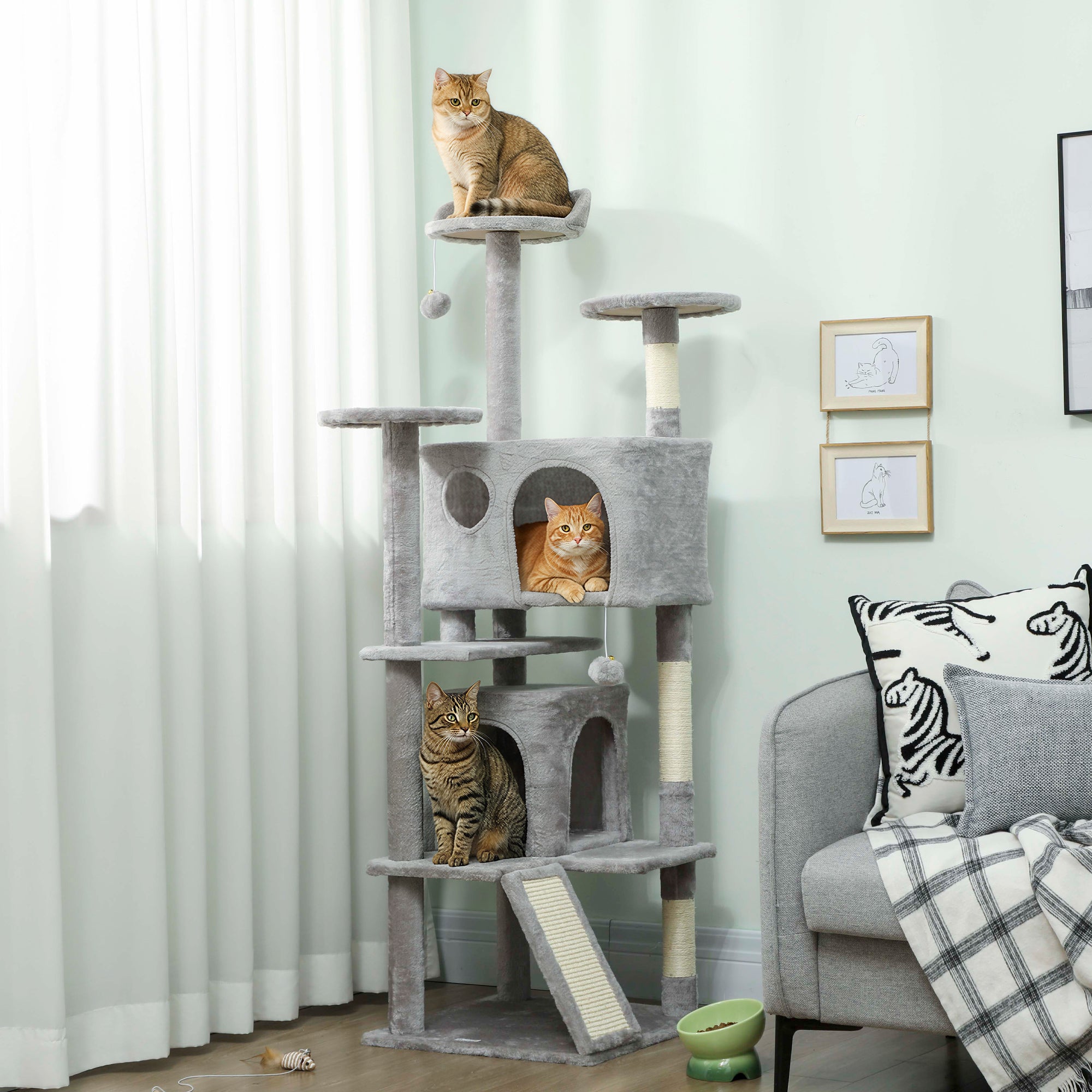 pawhut-arbre-chat-63-avec-condos-lit-rampe-et-griffoir-gris-clair image 4