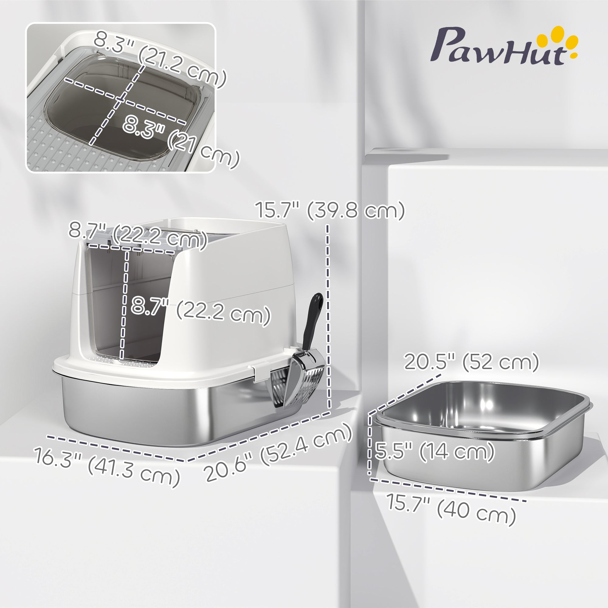 pawhut-bac-liti-re-ferm-inox-avec-pelle-et-d-sodorisant-blanc image 5