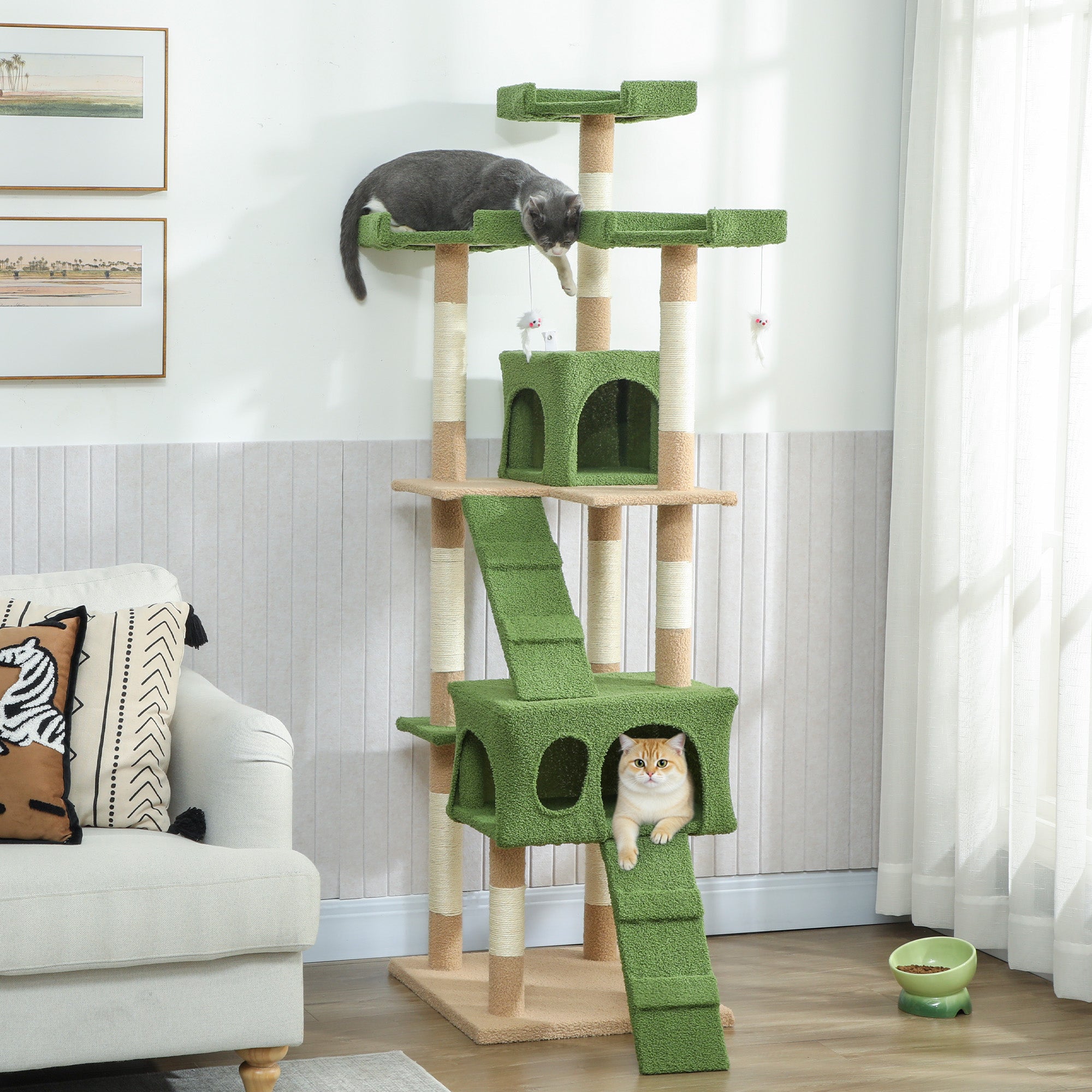 pawhut-arbre-chat-68-avec-2-niches-perchoirs-et-griffoirs-vert image 3