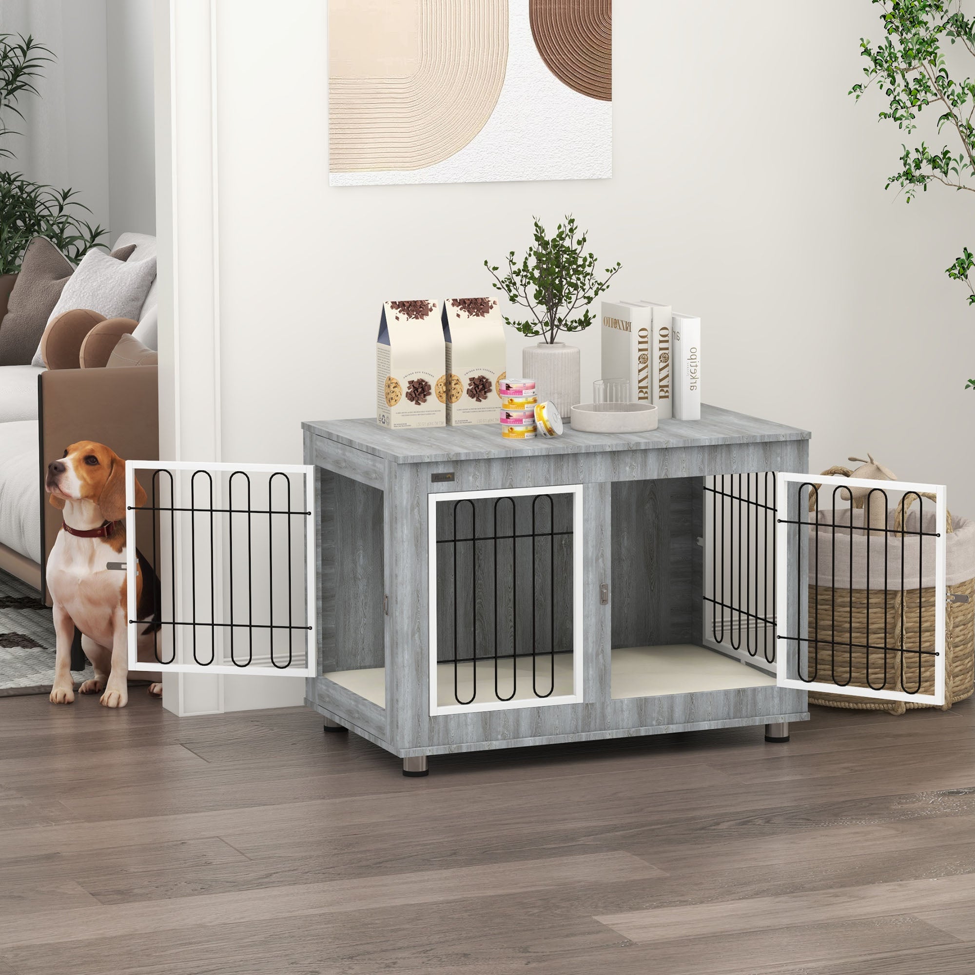 pawhut-niche-d-int-rieur-table-d-appoint-avec-coussin-pour-grand-chien-gris image 4