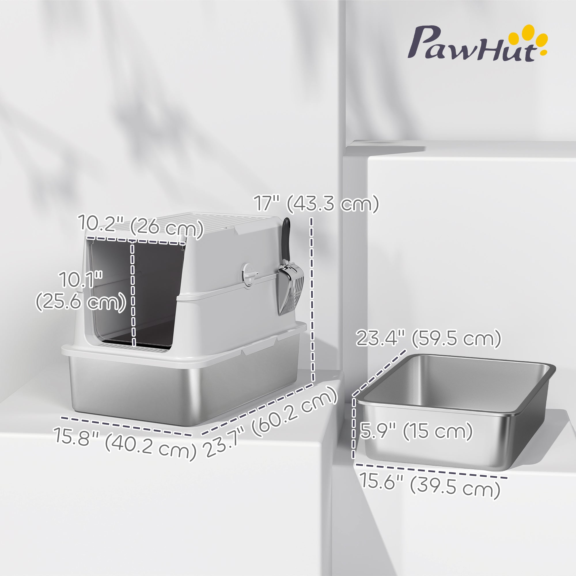 pawhut-bac-liti-re-ferm-xl-inox-avec-couvercle-et-pelle-gris-clair image 5