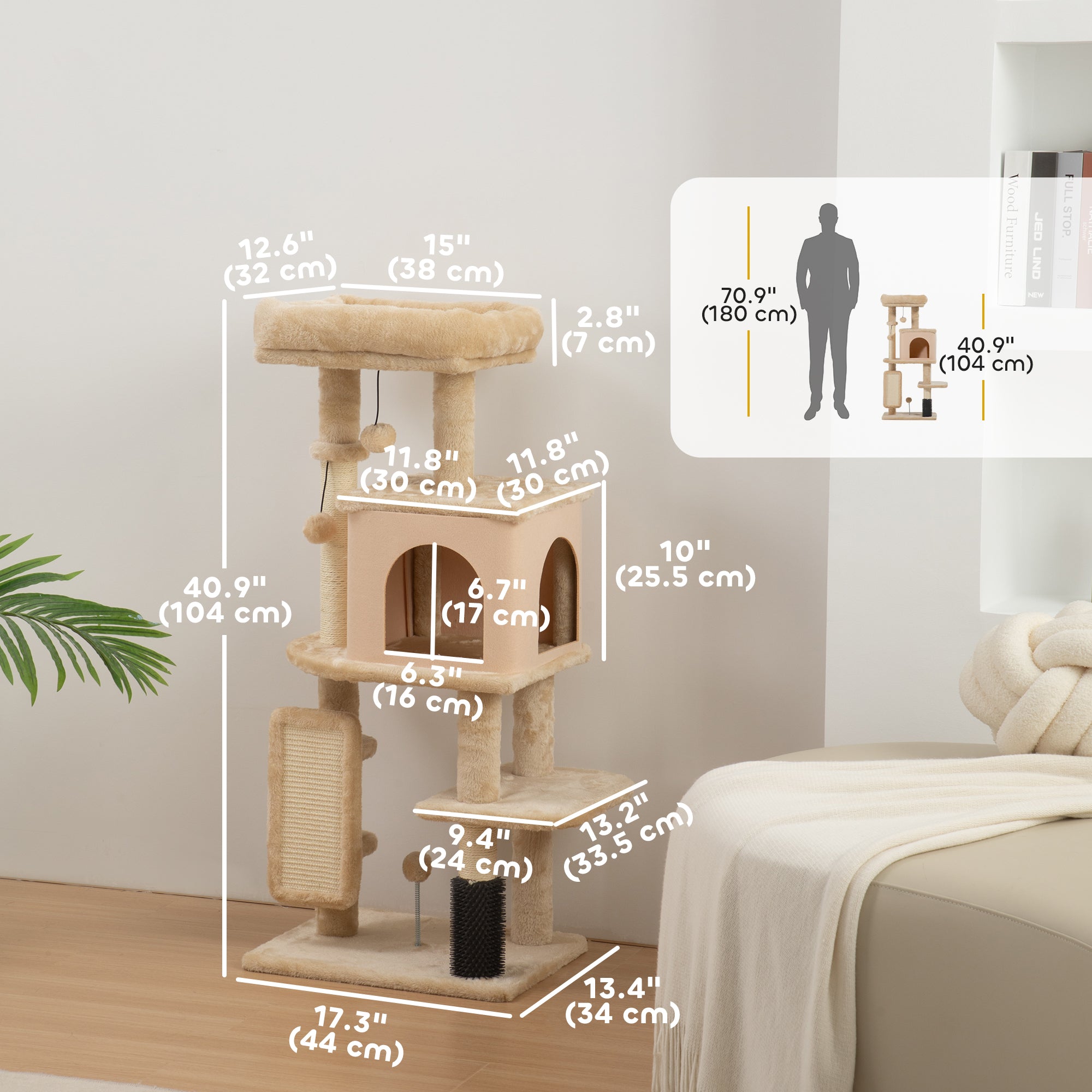 pawhut-arbre-chat-41-avec-niche-couchage-griffoirs-et-brosse-beige image 5