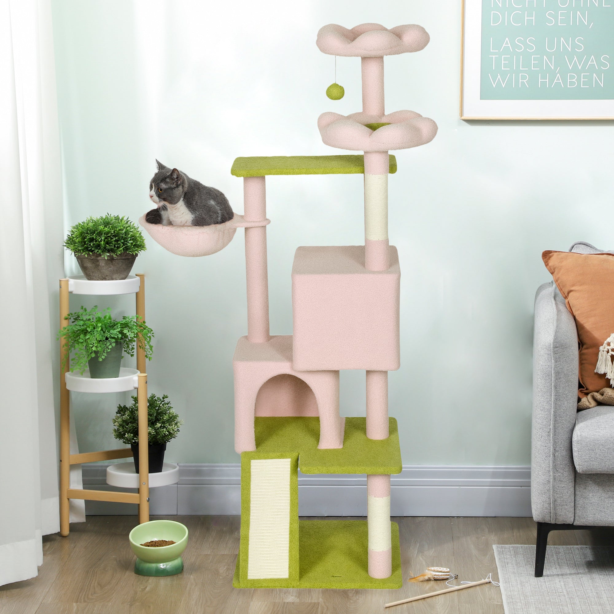 pawhut-arbre-chat-fleur-157-cm-62-2-niches-2-couches-et-hamac-rose image 4