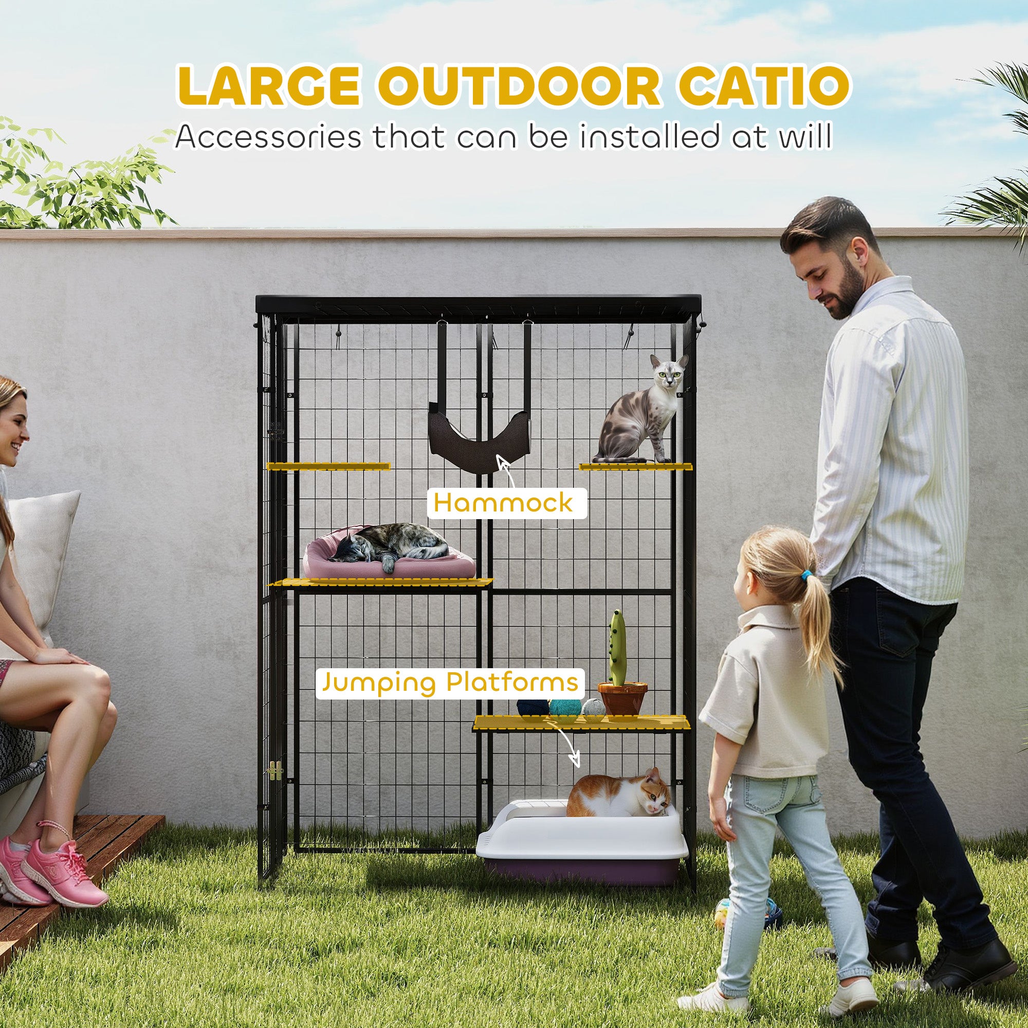 pawhut-catio-ext-rieur-m-tal-noir-avec-4-plateformes-hamac-et-b-che image 6