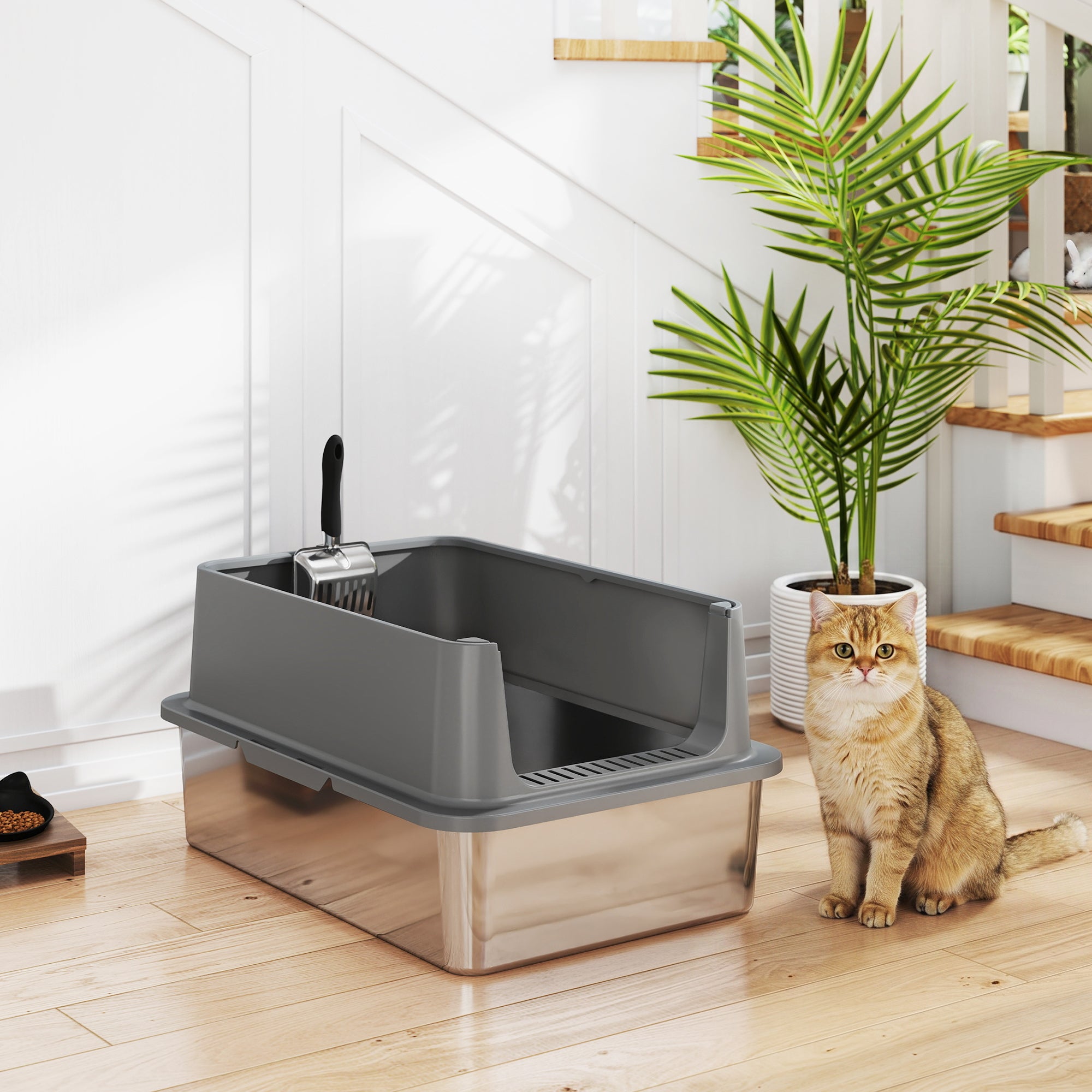 pawhut-bac-liti-re-chat-inox-xl-parois-hautes-avec-pelle-anti-fuite-gris-fonc image 4